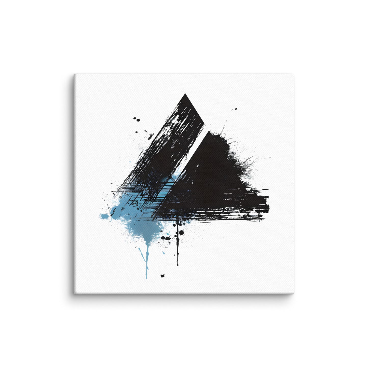 Wandbild Blue Triangle No. 02 aus der Kollektion Chaos & Order im Format 16x16 Zoll mit blauem Dreieck, schwarzer Pinselkomposition und abstrakter Tusche-Komposition