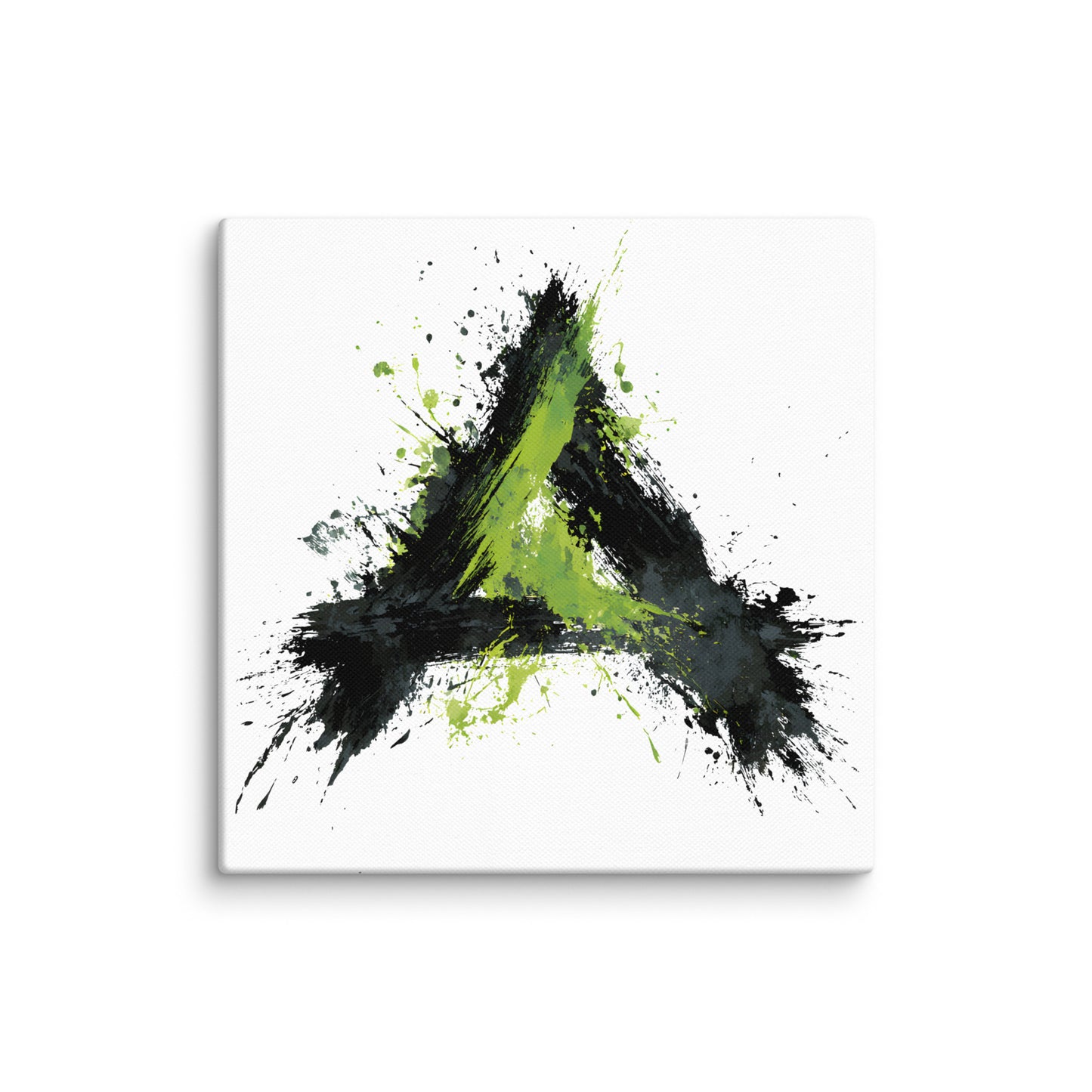 Wandbild Green Triangle No. 03 aus der Kollektion Chaos & Order im Format 16x16 Zoll mit grünem Dreieck, schwarzer Pinselkomposition und abstrakter Tusche-Komposition
