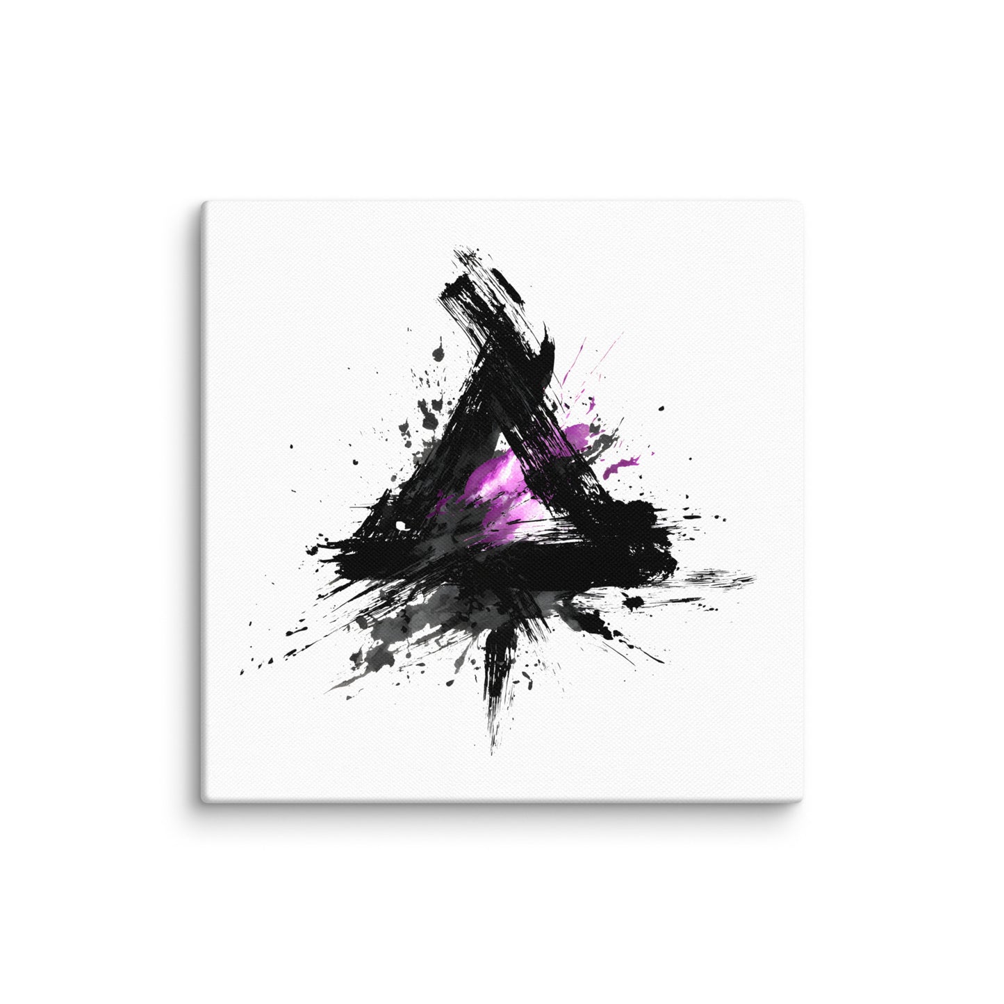 Wandbild Purple Triangle No. 02 aus der Kollektion Chaos & Order im Format 16x16 Zoll mit violettem Dreieck, schwarzer Pinselkomposition und abstrakter Tusche-Komposition