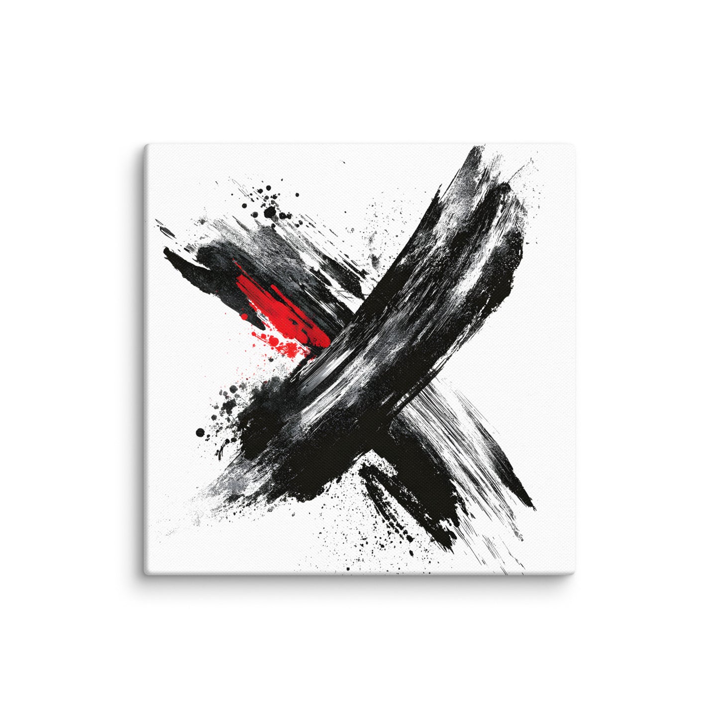 Wandbild Red Cross No. 01 aus der Kollektion Chaos & Order im Format 16x16 Zoll mit rotem Kreuz, schwarzer Pinselkomposition und abstrakter Tusche-Komposition