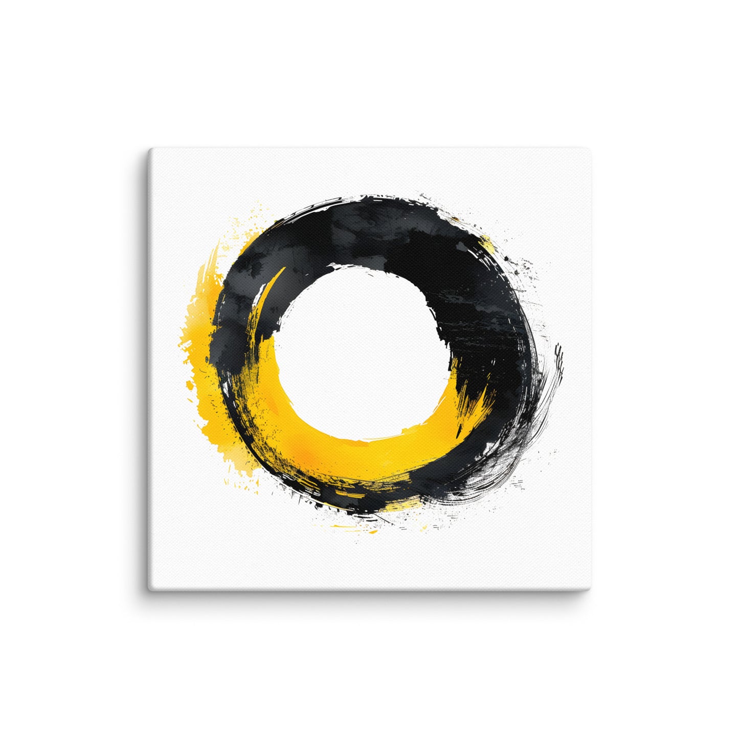Wandbild Yellow Circle No. 02 aus der Kollektion Chaos & Order im Format 16x16 Zoll mit gelb-schwarzer Kreisform, weisser Mitte und abstrakter Pinsel-Komposition