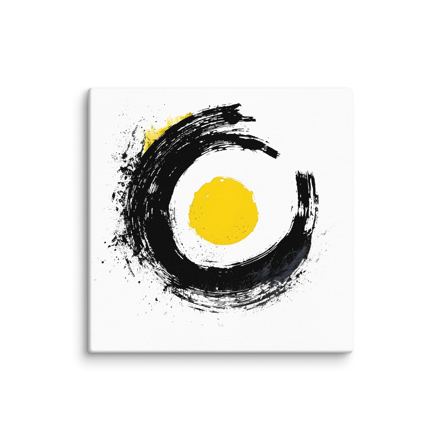 Wandbild Yellow Circle No. 03 aus der Kollektion Chaos & Order im Format 16x16 Zoll mit gelbem Kreis, schwarzer Pinsel-Kreisform und abstrakter Tusche-Komposition