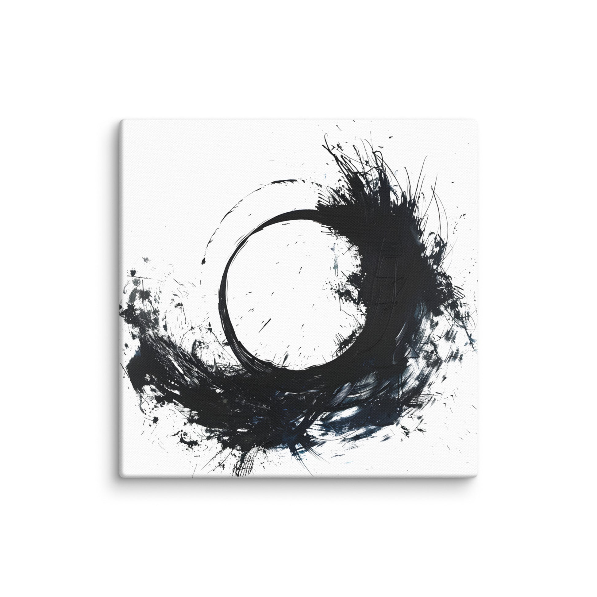 Wandbild Blue Circle No. 01 aus der Kollektion Chaos & Order im Format 12x12 Zoll mit schwarzer Kreisform, blauen Akzenten und abstrakter Tusche-Komposition