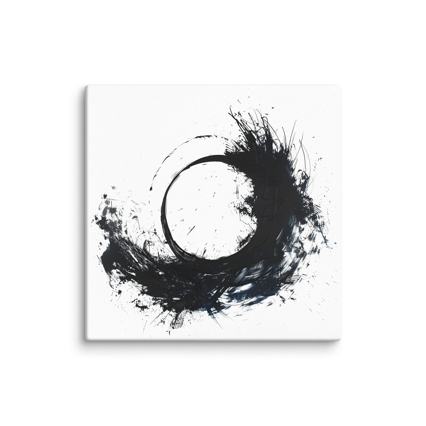 Wandbild Blue Circle No. 01 aus der Kollektion Chaos & Order im Format 36x36 Zoll mit schwarzer Kreisform, blauen Akzenten und abstrakter Tusche-Komposition