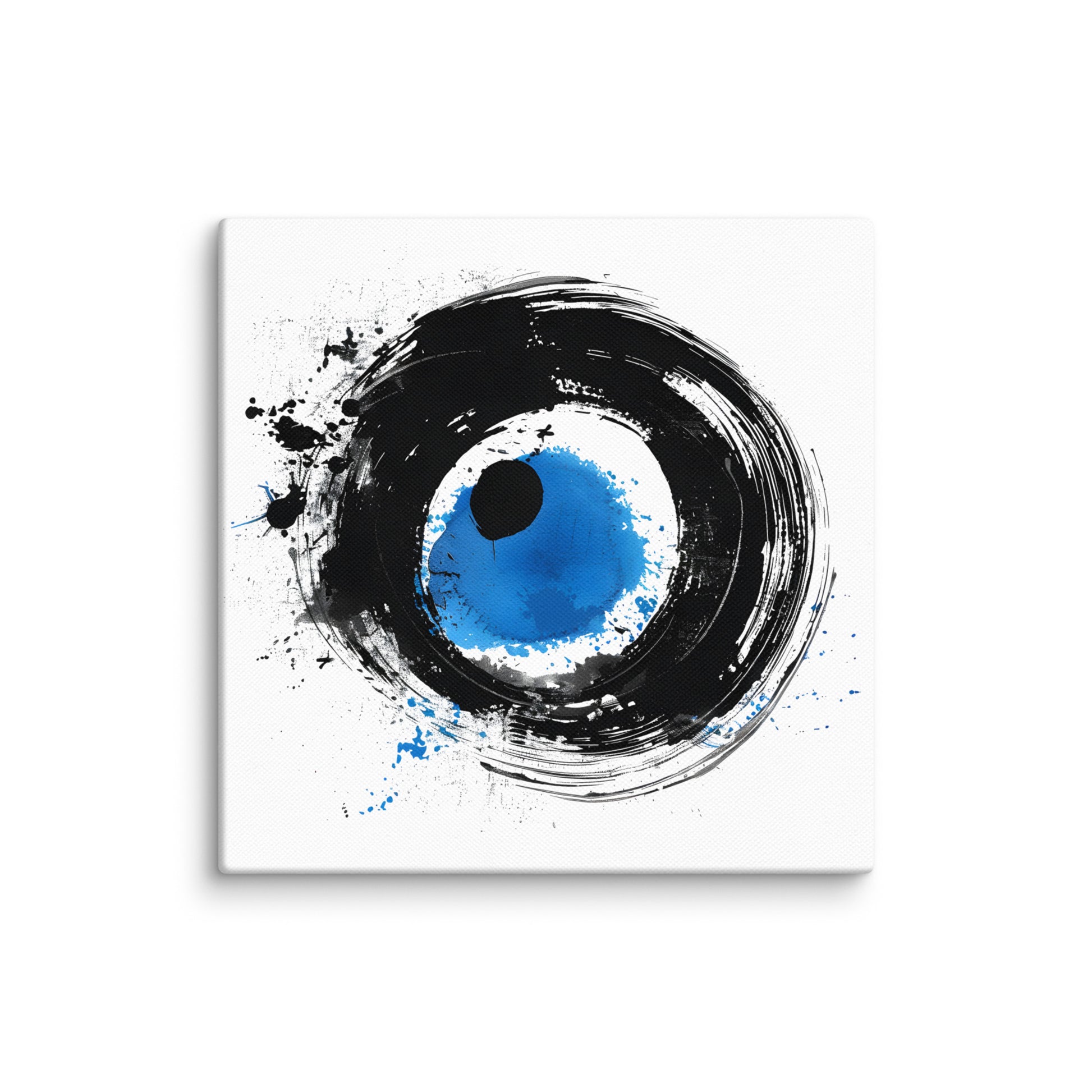 Wandbild Blue Circle No. 02 aus der Kollektion Chaos & Order im Format 12x12 Zoll mit blauem Kreiszentrum, schwarzem Pinselring und abstrakter Tusche-Komposition