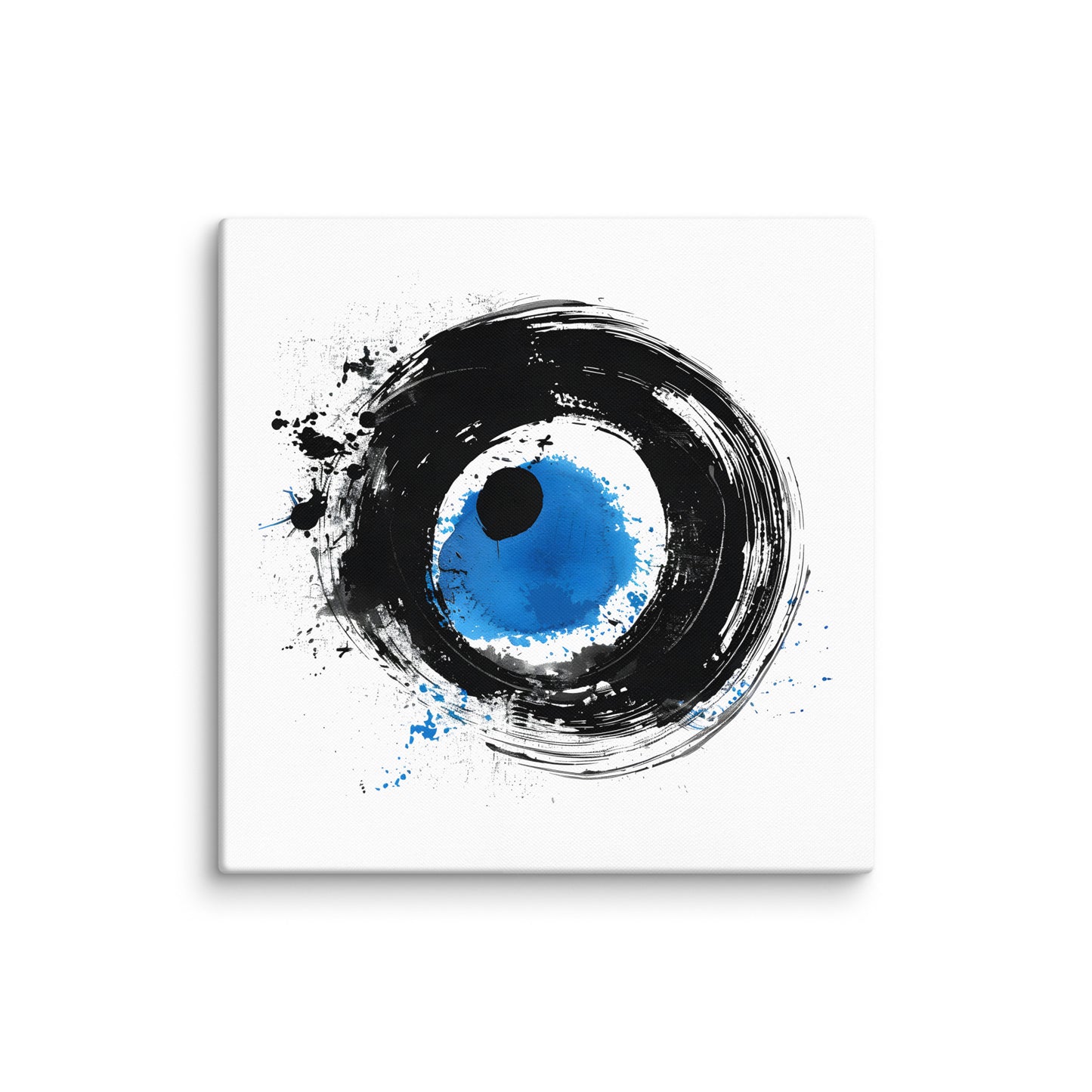 Wandbild Blue Circle No. 02 aus der Kollektion Chaos & Order im Format 24x24 Zoll mit blauem Kreiszentrum, schwarzem Pinselring und abstrakter Tusche-Komposition