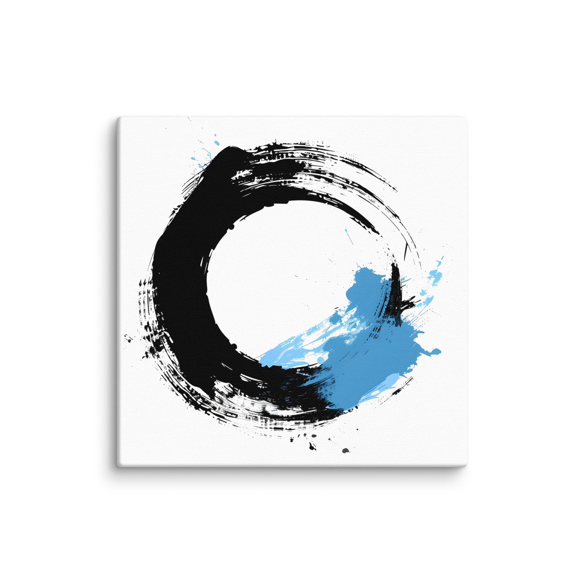 Wandbild Blue Circle No. 03 aus der Kollektion Chaos & Order im Format 12x12 Zoll mit schwarzer Kreisform, blauem Farbakzent und abstrakter Tusche-Komposition