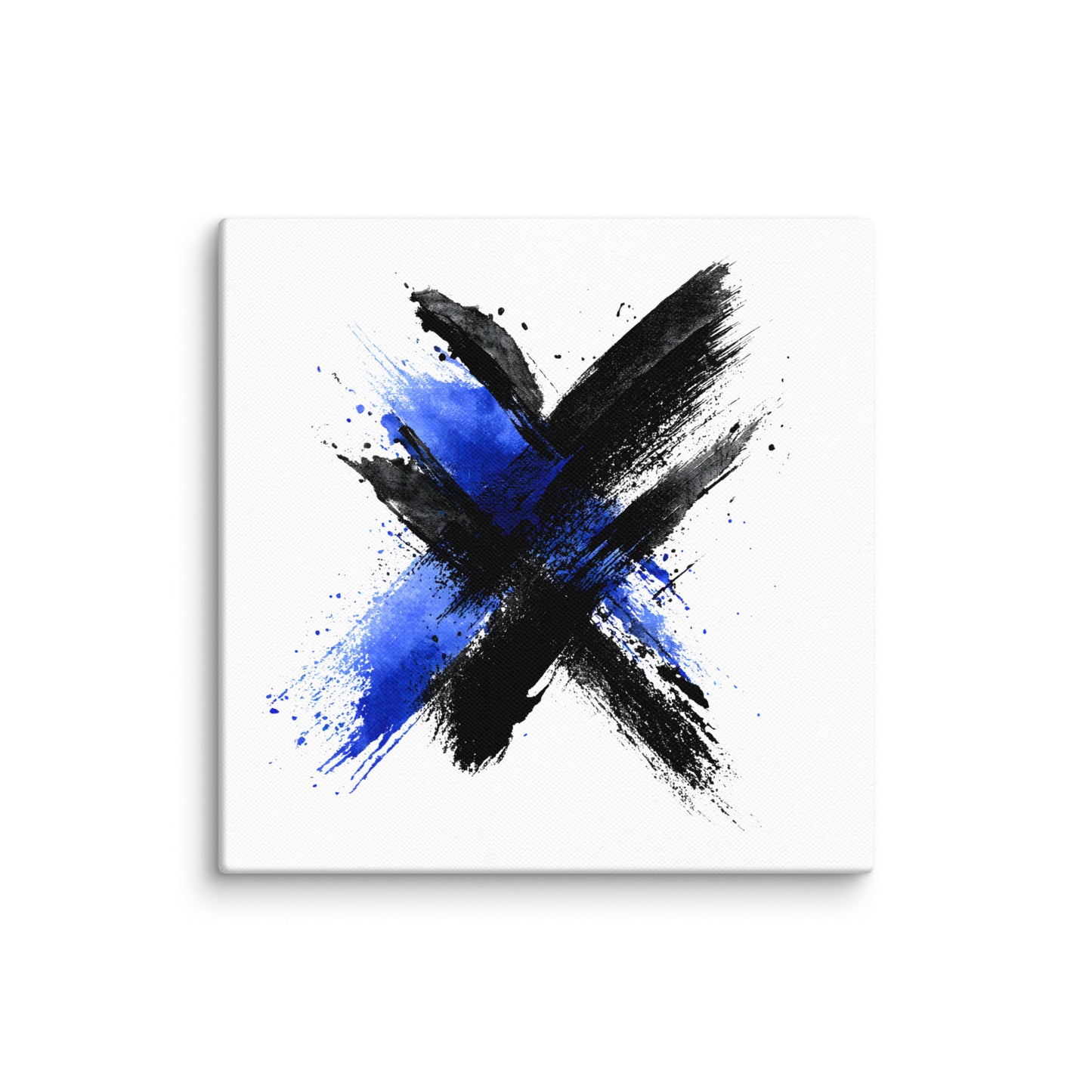 Wandbild Blue Cross No. 01 aus der Kollektion Chaos & Order im Format 12x12 Zoll mit blauem Kreuz, schwarzer Pinselkomposition und abstrakter Tusche-Komposition