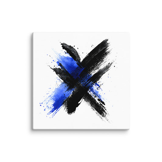 Wandbild Blue Cross No. 01 aus der Kollektion Chaos & Order im Format 12x12 Zoll mit blauem Kreuz, schwarzer Pinselkomposition und abstrakter Tusche-Komposition