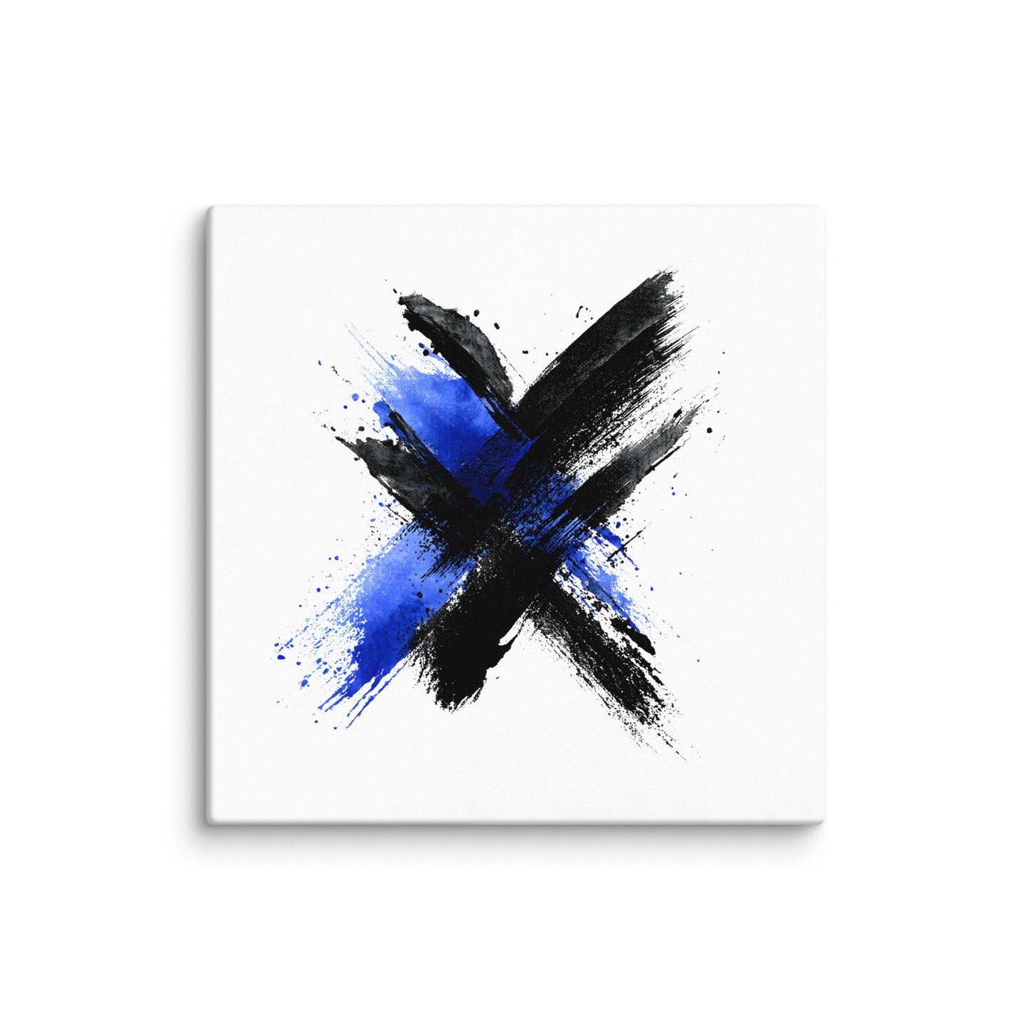 Wandbild Blue Cross No. 01 aus der Kollektion Chaos & Order im Format 24x24 Zoll mit blauem Kreuz, schwarzer Pinselkomposition und abstrakter Tusche-Komposition