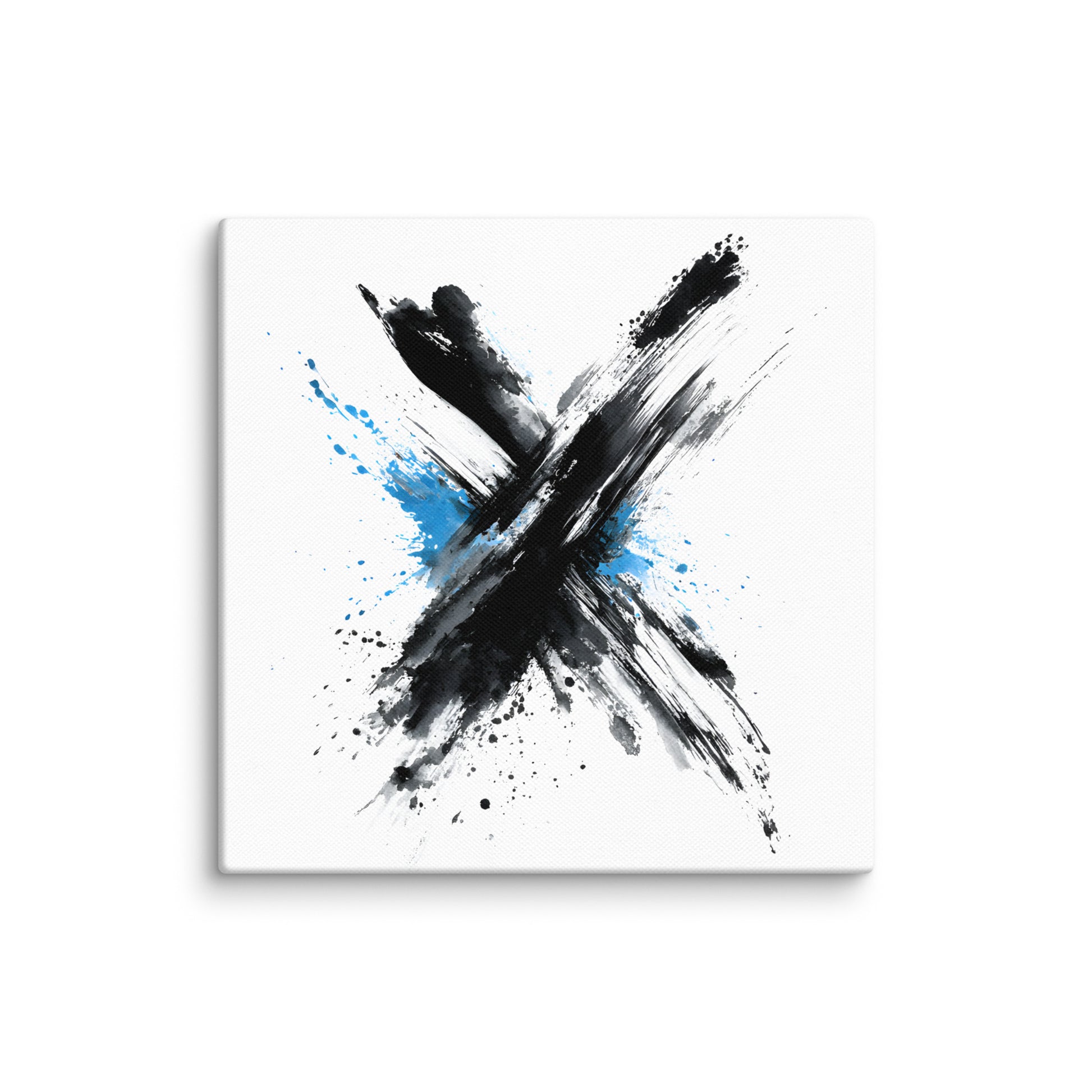 Wandbild Blue Cross No. 02 aus der Kollektion Chaos & Order im Format 12x12 Zoll mit blauem Kreuz, schwarzer Pinselkomposition und abstrakter Tusche-Komposition