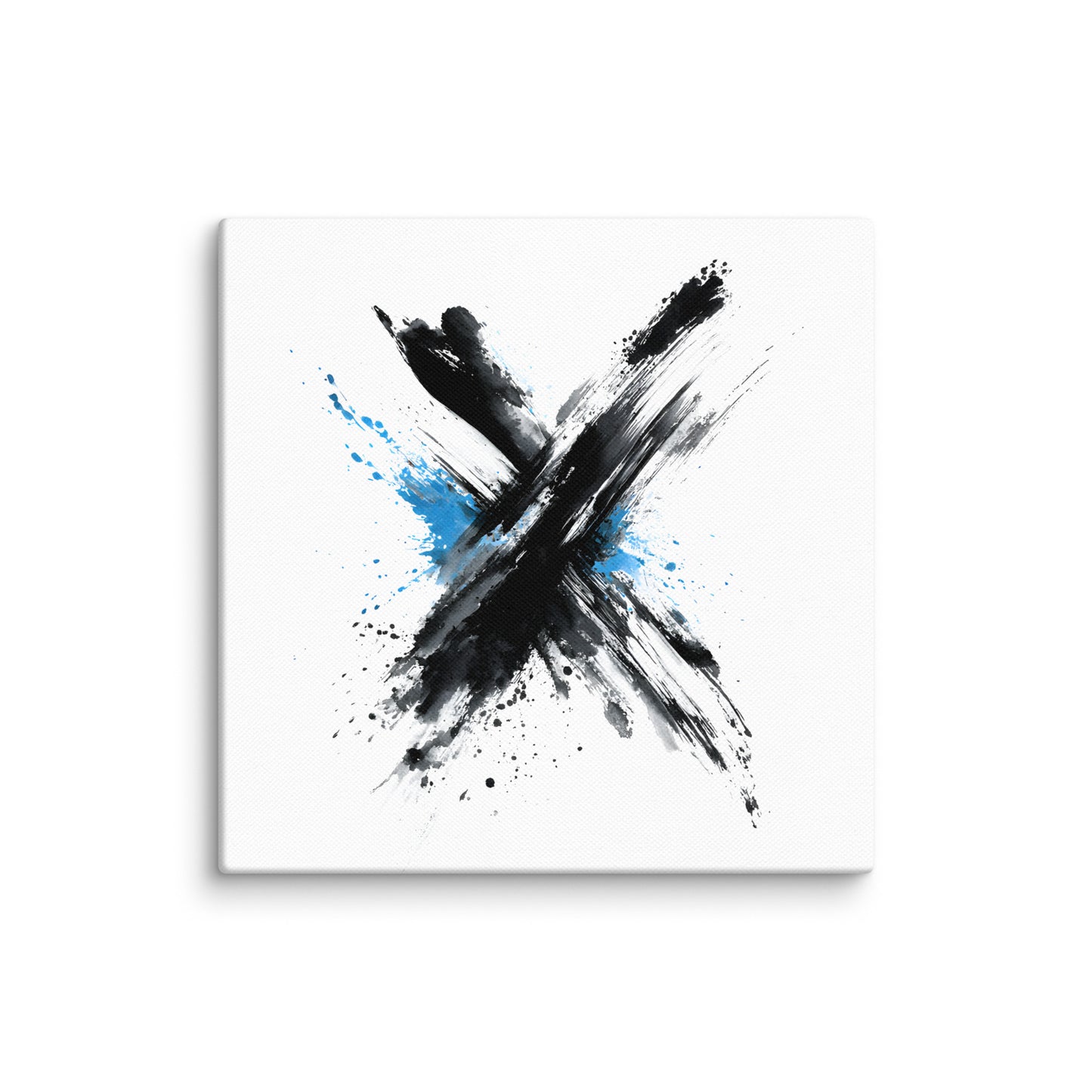 Wandbild Blue Cross No. 02 aus der Kollektion Chaos & Order im Format 16x16 Zoll mit blauem Kreuz, schwarzer Pinselkomposition und abstrakter Tusche-Komposition