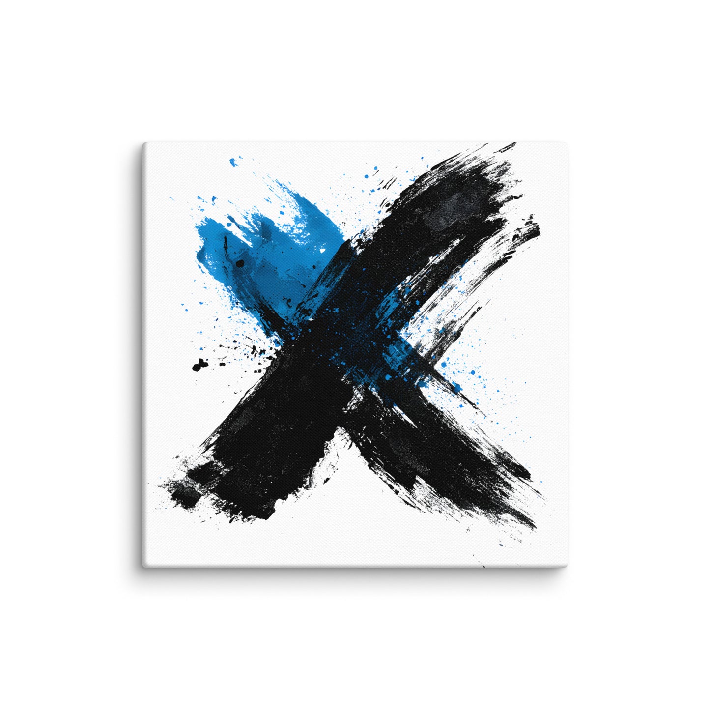 Wandbild Blue Cross No. 03 aus der Kollektion Chaos & Order im Format 12x12 Zoll mit blauem Kreuz, schwarzer Pinselkomposition und abstrakter Tusche-Komposition