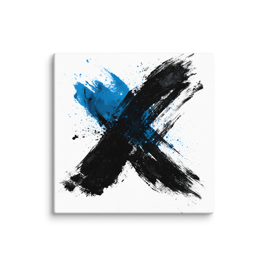 Wandbild Blue Cross No. 03 aus der Kollektion Chaos & Order im Format 12x12 Zoll mit blauem Kreuz, schwarzer Pinselkomposition und abstrakter Tusche-Komposition
