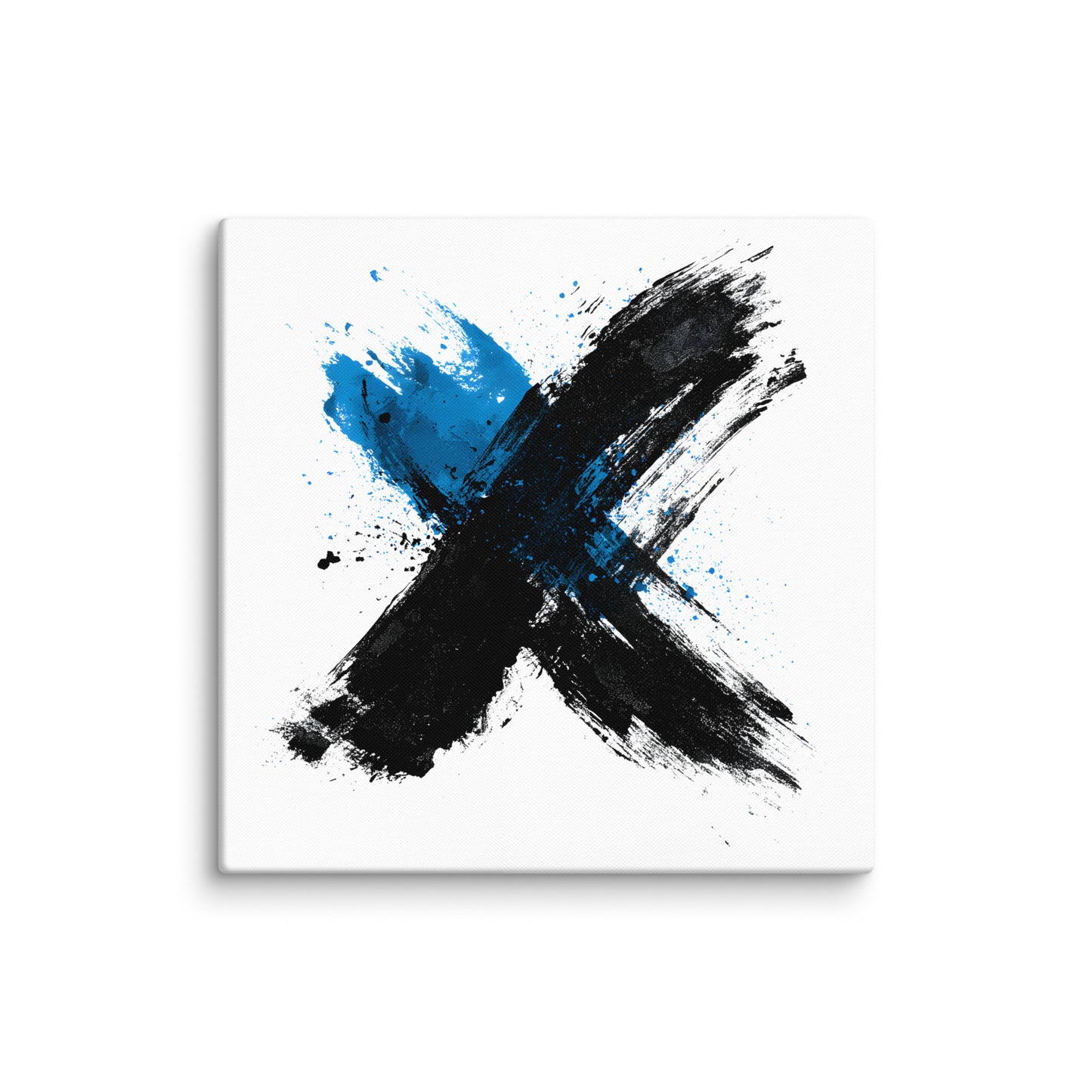 Wandbild Blue Cross No. 03 aus der Kollektion Chaos & Order im Format 20x20 Zoll mit blauem Kreuz, schwarzer Pinselkomposition und abstrakter Tusche-Komposition