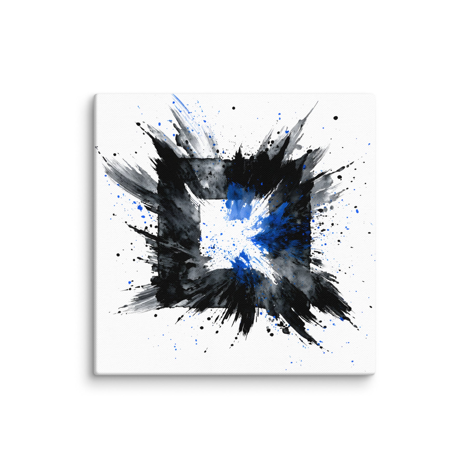 Wandbild Blue Square No. 01 aus der Kollektion Chaos & Order im Format 12x12 Zoll mit blauem Quadrat, schwarzer Quadratstruktur und abstrakter Tusche-Komposition