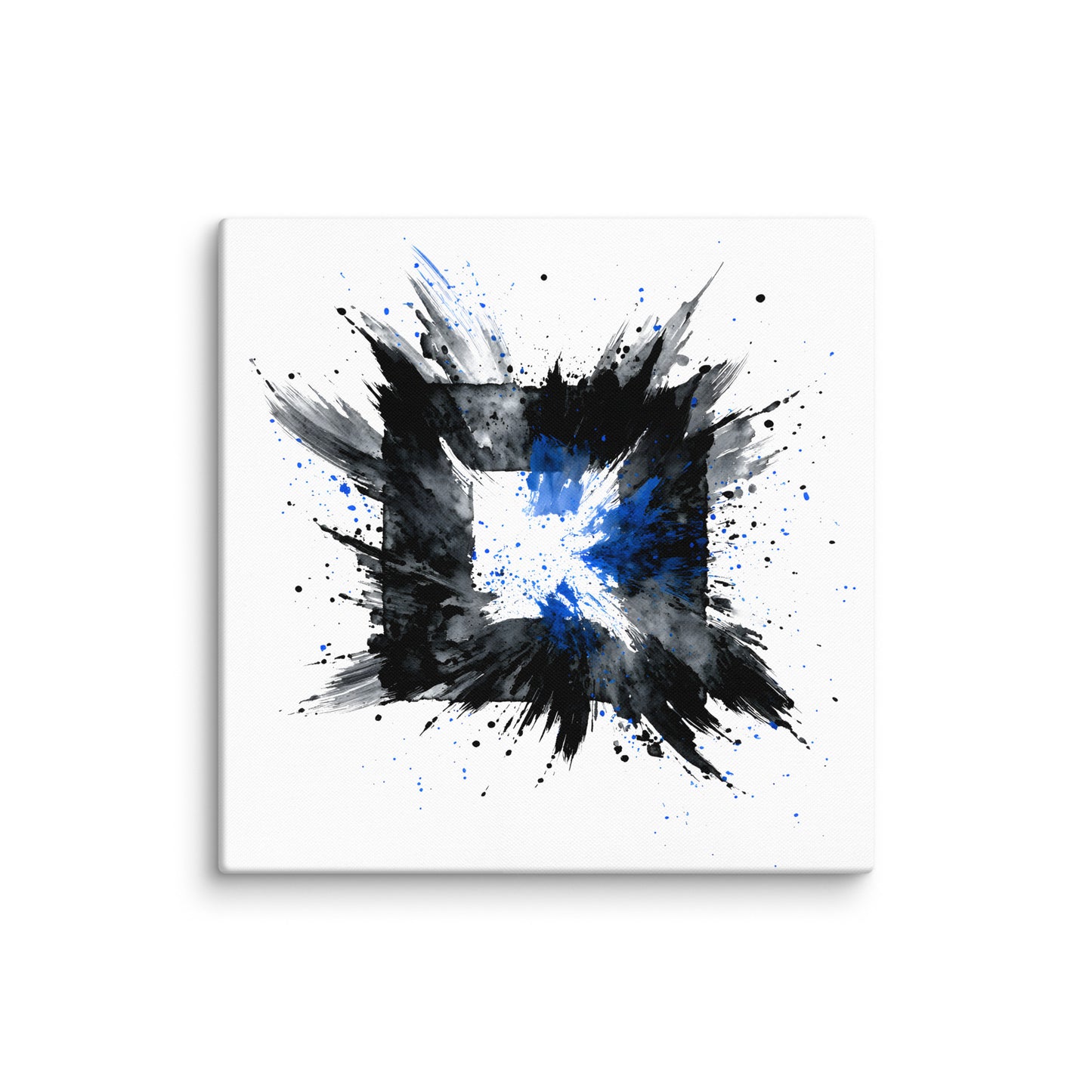 Wandbild Blue Square No. 01 aus der Kollektion Chaos & Order im Format 24x24 Zoll mit blauem Quadrat, schwarzer Quadratstruktur und abstrakter Tusche-Komposition