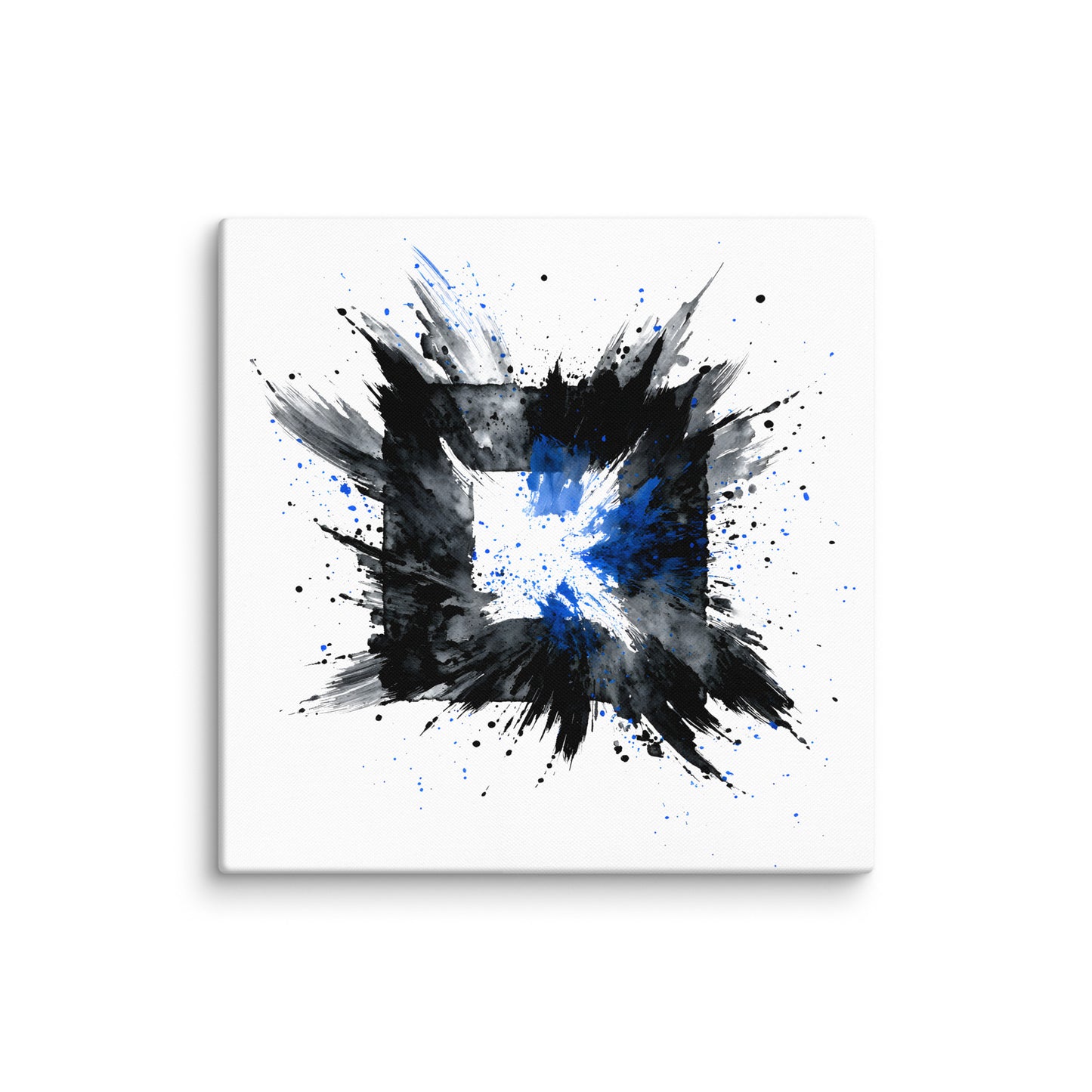 Wandbild Blue Square No. 01 aus der Kollektion Chaos & Order im Format 30x30 Zoll mit blauem Quadrat, schwarzer Quadratstruktur und abstrakter Tusche-Komposition