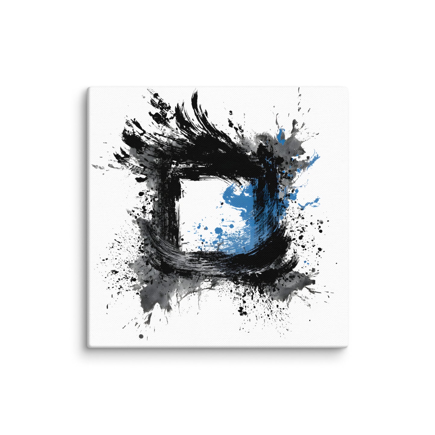 Wandbild Blue Square No. 02 aus der Kollektion Chaos & Order im Format 12x12 Zoll mit blauem Quadrat, schwarzer Quadratstruktur und abstrakter Tusche-Komposition
