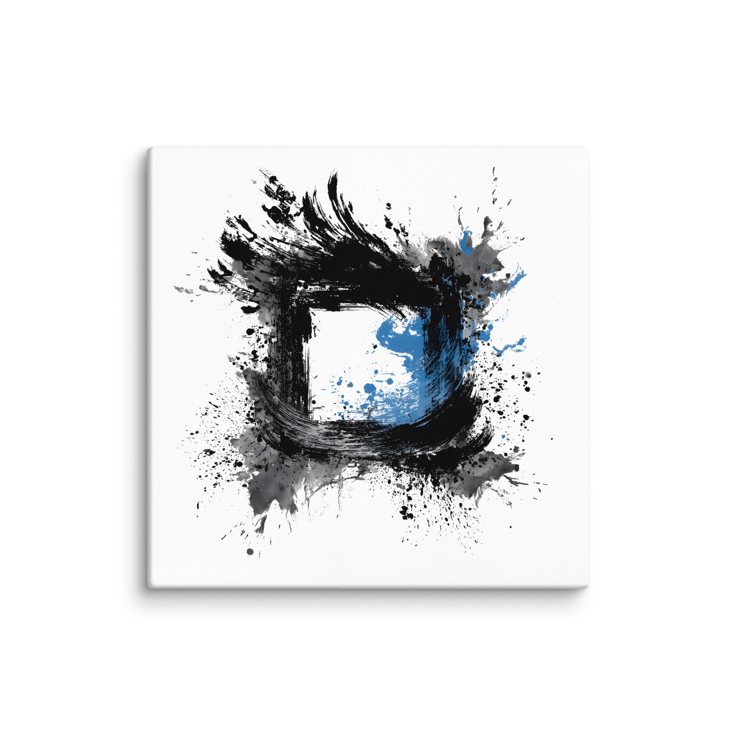 Wandbild Blue Square No. 02 aus der Kollektion Chaos & Order im Format 20x20 Zoll mit blauem Quadrat, schwarzer Quadratstruktur und abstrakter Tusche-Komposition