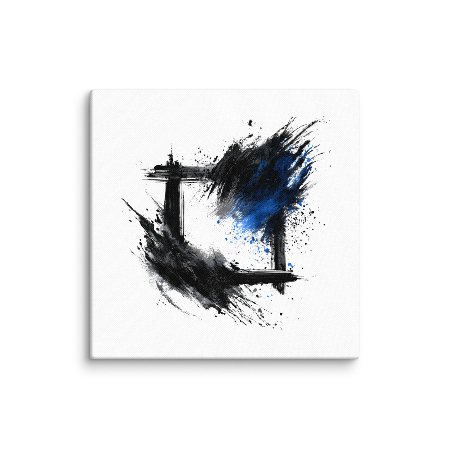 Wandbild Blue Square No. 03 aus der Kollektion Chaos & Order im Format 16x16 Zoll mit blauem Quadrat, schwarzer Quadratstruktur und abstrakter Tusche-Komposition