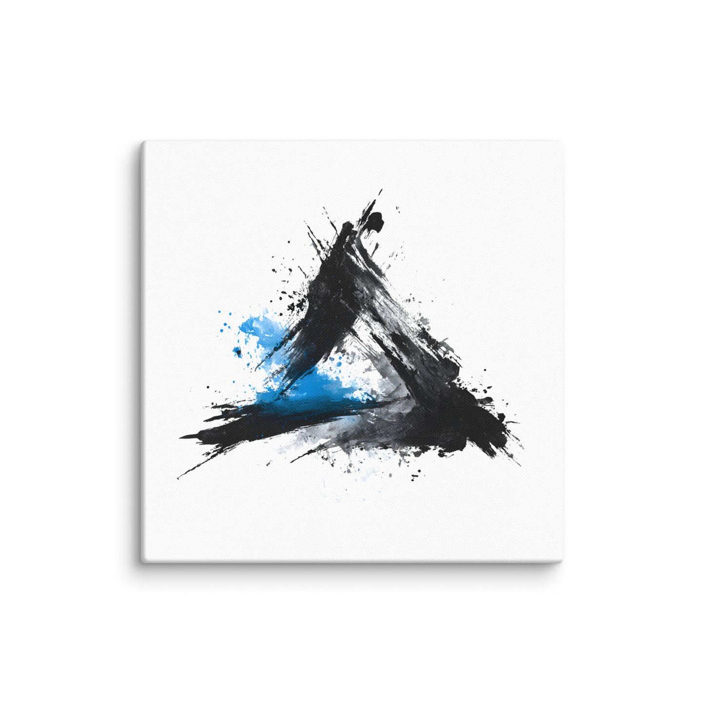 Wandbild Blue Triangle No. 01 aus der Kollektion Chaos & Order im Format 16x16 Zoll mit blauem Dreieck, schwarzer Pinselkomposition und abstrakter Tusche-Komposition