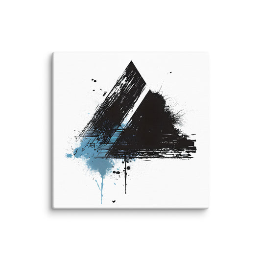 Wandbild Blue Triangle No. 02 aus der Kollektion Chaos & Order im Format 12x12 Zoll mit blauem Dreieck, schwarzer Pinselkomposition und abstrakter Tusche-Komposition