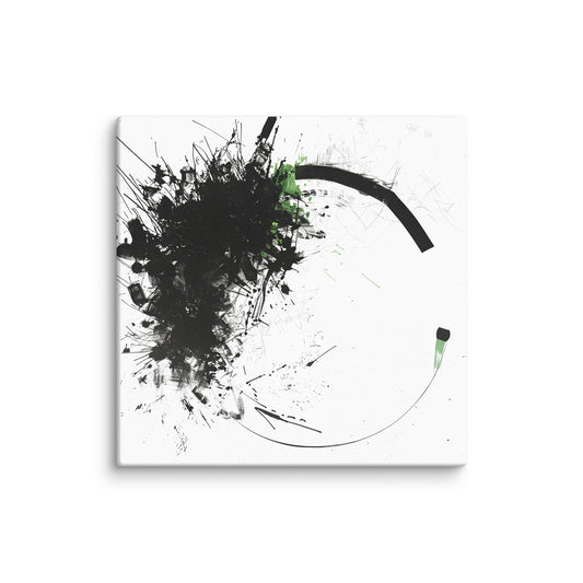 Wandbild Green Circle No. 01 aus der Kollektion Chaos & Order im Format 12x12 Zoll mit schwarzer Tusche-Explosion, offener Kreislinie und gruenen Akzenten in abstrakter Komposition