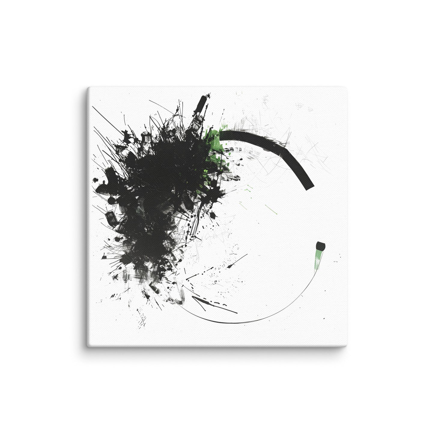 Wandbild Green Circle No. 01 aus der Kollektion Chaos & Order im Format 16x16 Zoll mit schwarzer Tusche-Explosion, offener Kreislinie und gruenen Akzenten in abstrakter Komposition