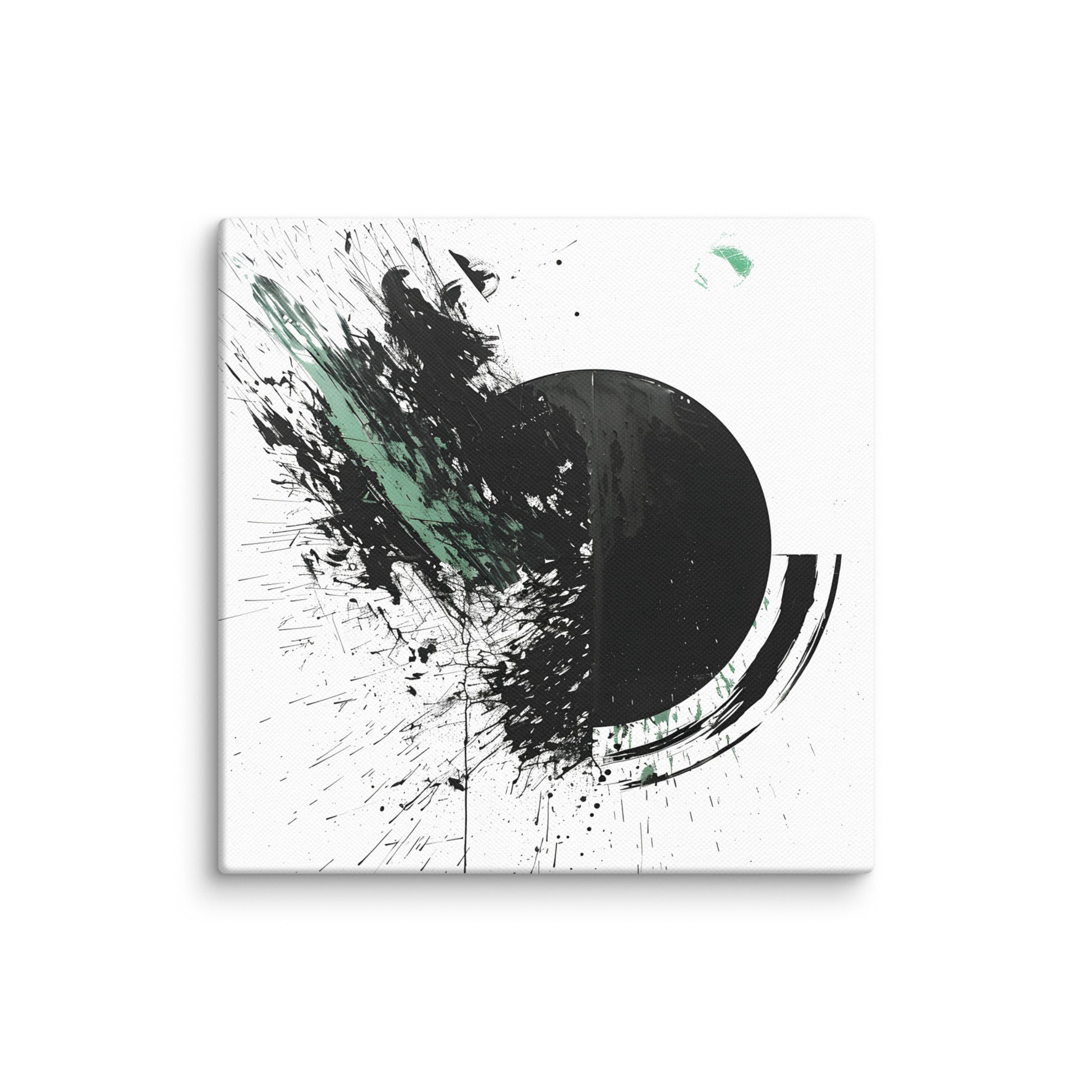 Wandbild Green Circle No. 02 aus der Kollektion Chaos & Order im Format 12x12 Zoll mit schwarzer Halbkreisform, gruenen Farbflaechen und abstrakter Tusche-Spritz-Komposition