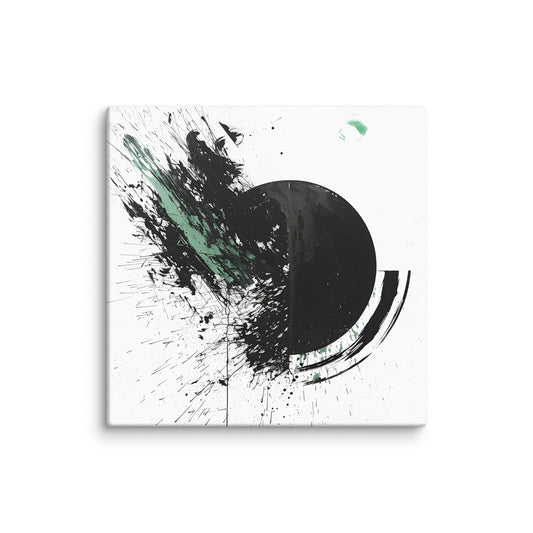 Wandbild Green Circle No. 02 aus der Kollektion Chaos & Order im Format 12x12 Zoll mit schwarzer Halbkreisform, gruenen Farbflaechen und abstrakter Tusche-Spritz-Komposition