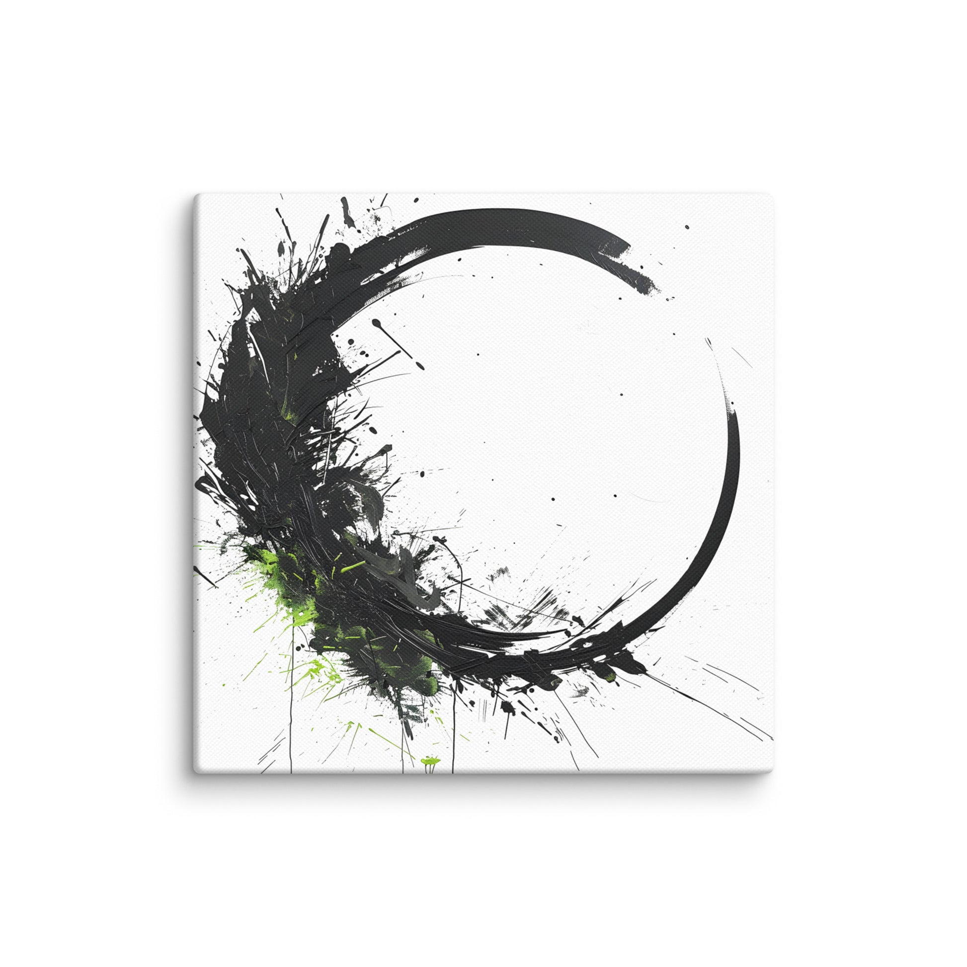 Wandbild Green Circle No. 03 aus der Kollektion Chaos & Order im Format 12x12 Zoll mit schwarzer Kreisform, gruener Farbexplosion und abstrakter Tusche-Komposition