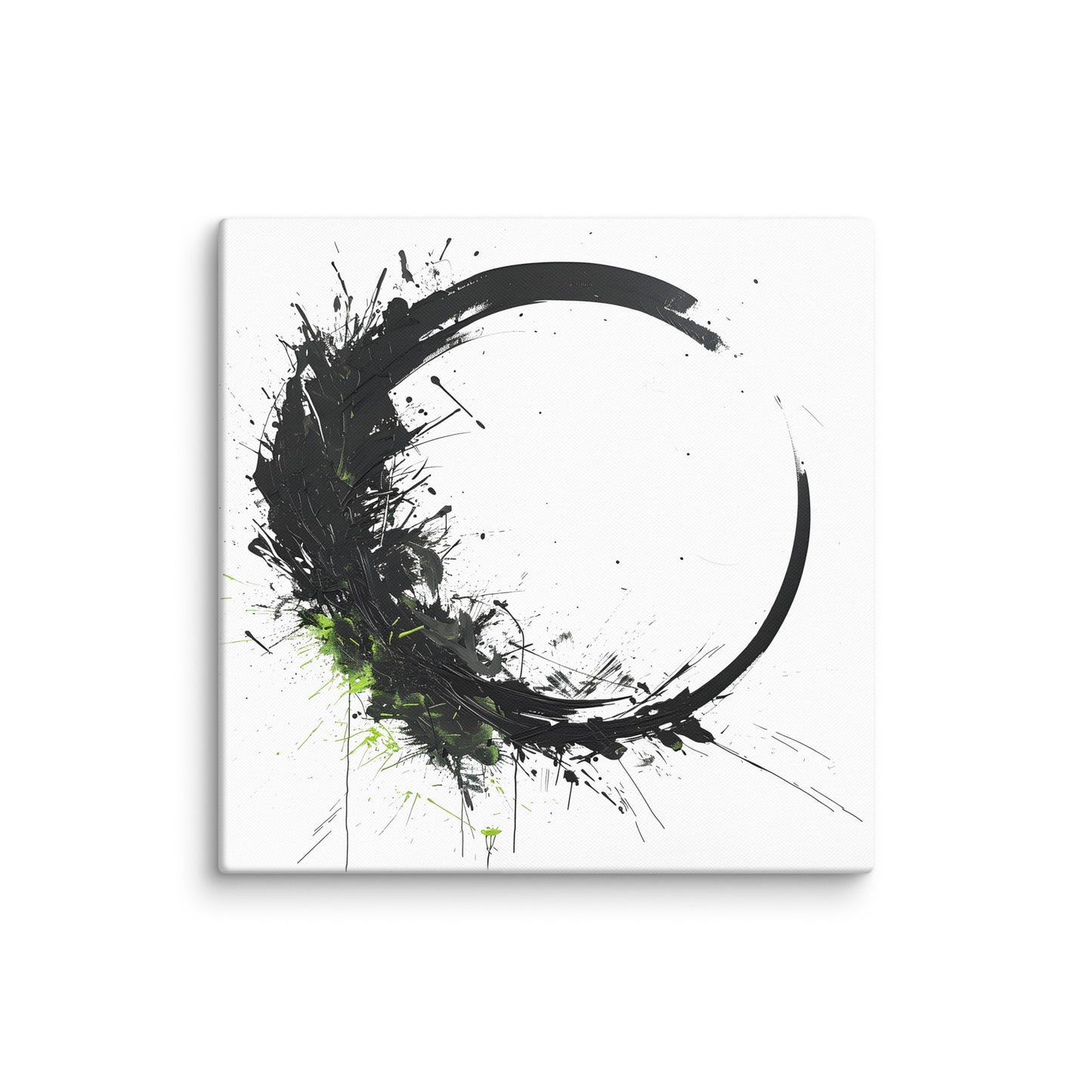 Wandbild Green Circle No. 03 aus der Kollektion Chaos & Order im Format 36x36 Zoll mit schwarzer Kreisform, gruener Farbexplosion und abstrakter Tusche-Komposition