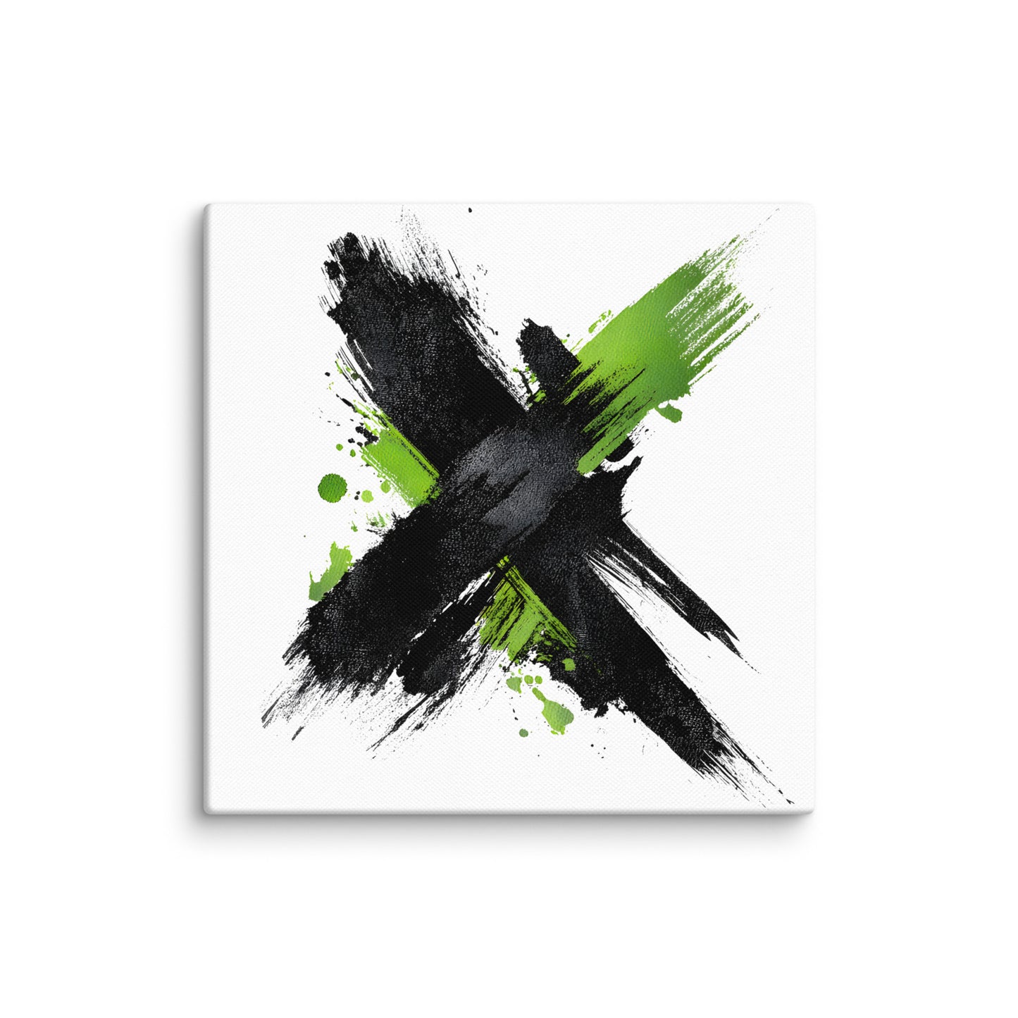 Wandbild Green Cross No. 01 aus der Kollektion Chaos & Order im Format 12x12 Zoll mit grünem Kreuz, schwarzer Pinselkomposition und abstrakter Tusche-Komposition