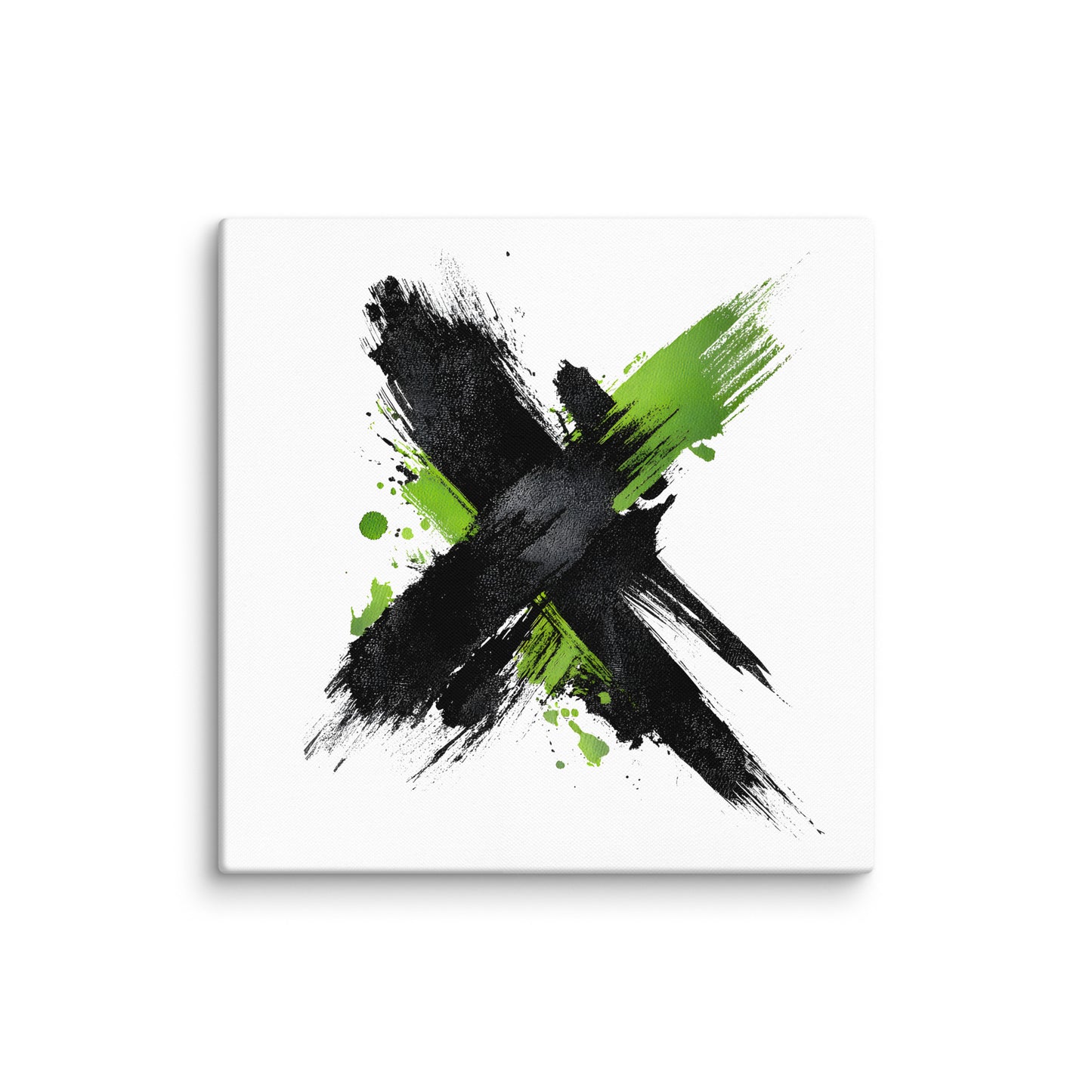 Wandbild Green Cross No. 01 aus der Kollektion Chaos & Order im Format 30x30 Zoll mit grünem Kreuz, schwarzer Pinselkomposition und abstrakter Tusche-Komposition