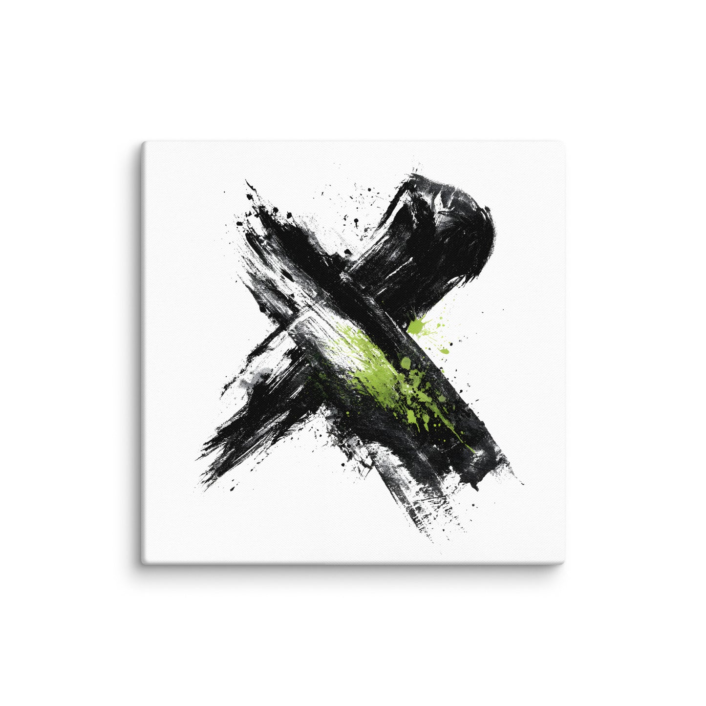 Wandbild Green Cross No. 02 aus der Kollektion Chaos & Order im Format 30x30 Zoll mit grünem Kreuz, schwarzer Pinselkomposition und abstrakter Tusche-Komposition