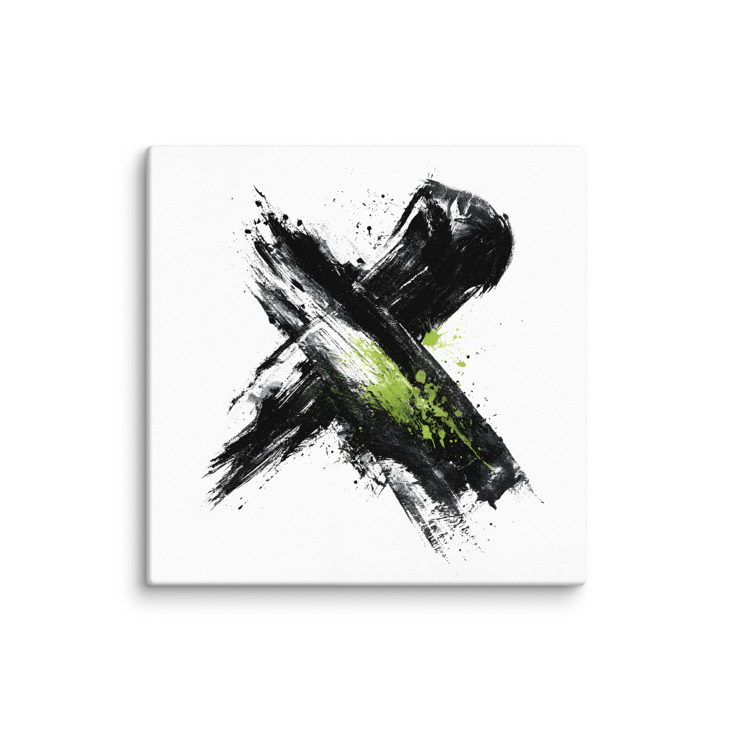Wandbild Green Cross No. 02 aus der Kollektion Chaos & Order im Format 36x36 Zoll mit grünem Kreuz, schwarzer Pinselkomposition und abstrakter Tusche-Komposition