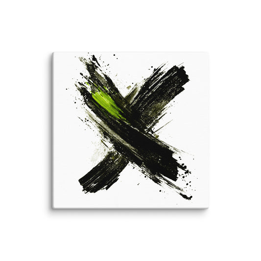 Wandbild Green Cross No. 03 aus der Kollektion Chaos & Order im Format 12x12 Zoll mit grünem Kreuz, schwarzer Pinselkomposition und abstrakter Tusche-Komposition
