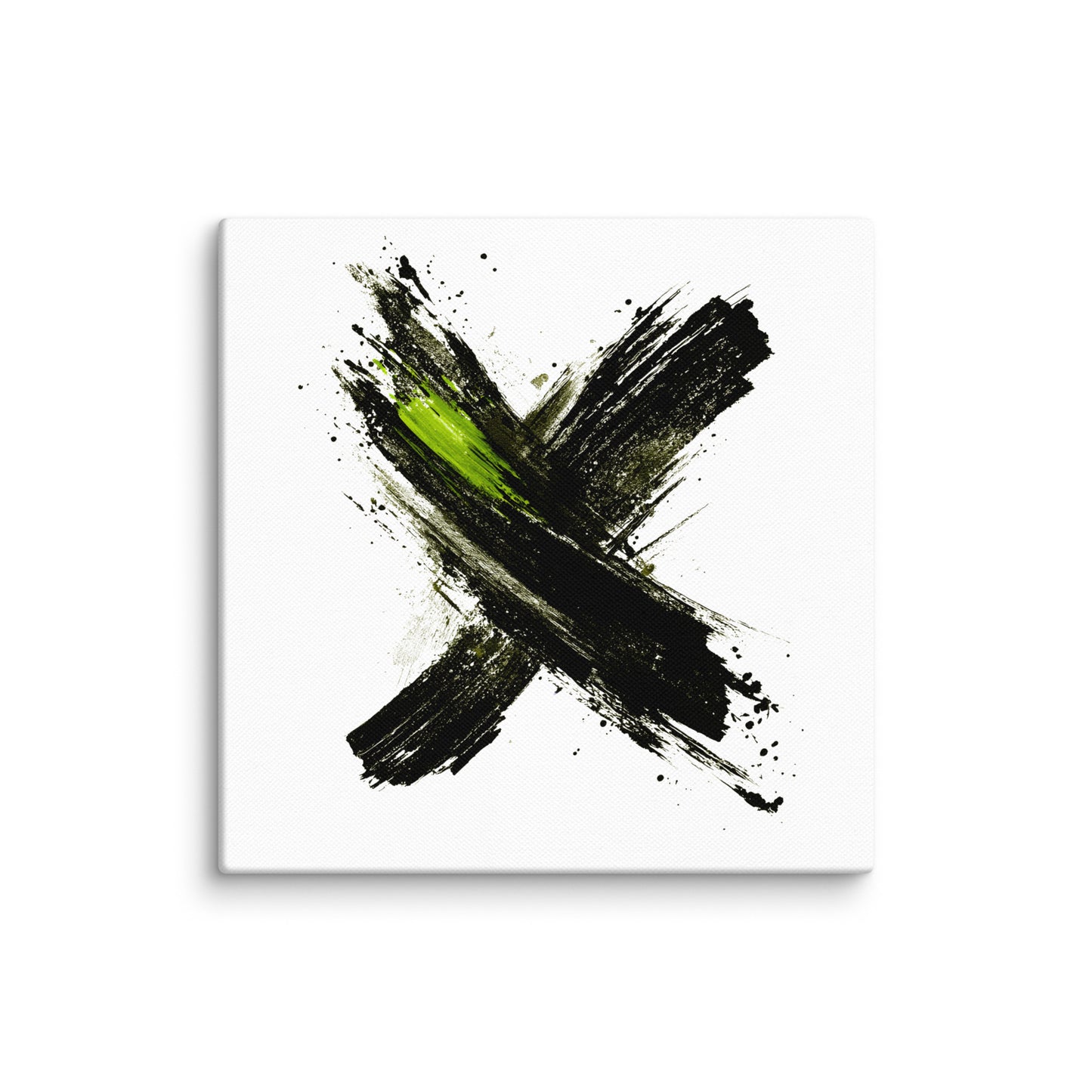 Wandbild Green Cross No. 03 aus der Kollektion Chaos & Order im Format 16x16 Zoll mit grünem Kreuz, schwarzer Pinselkomposition und abstrakter Tusche-Komposition