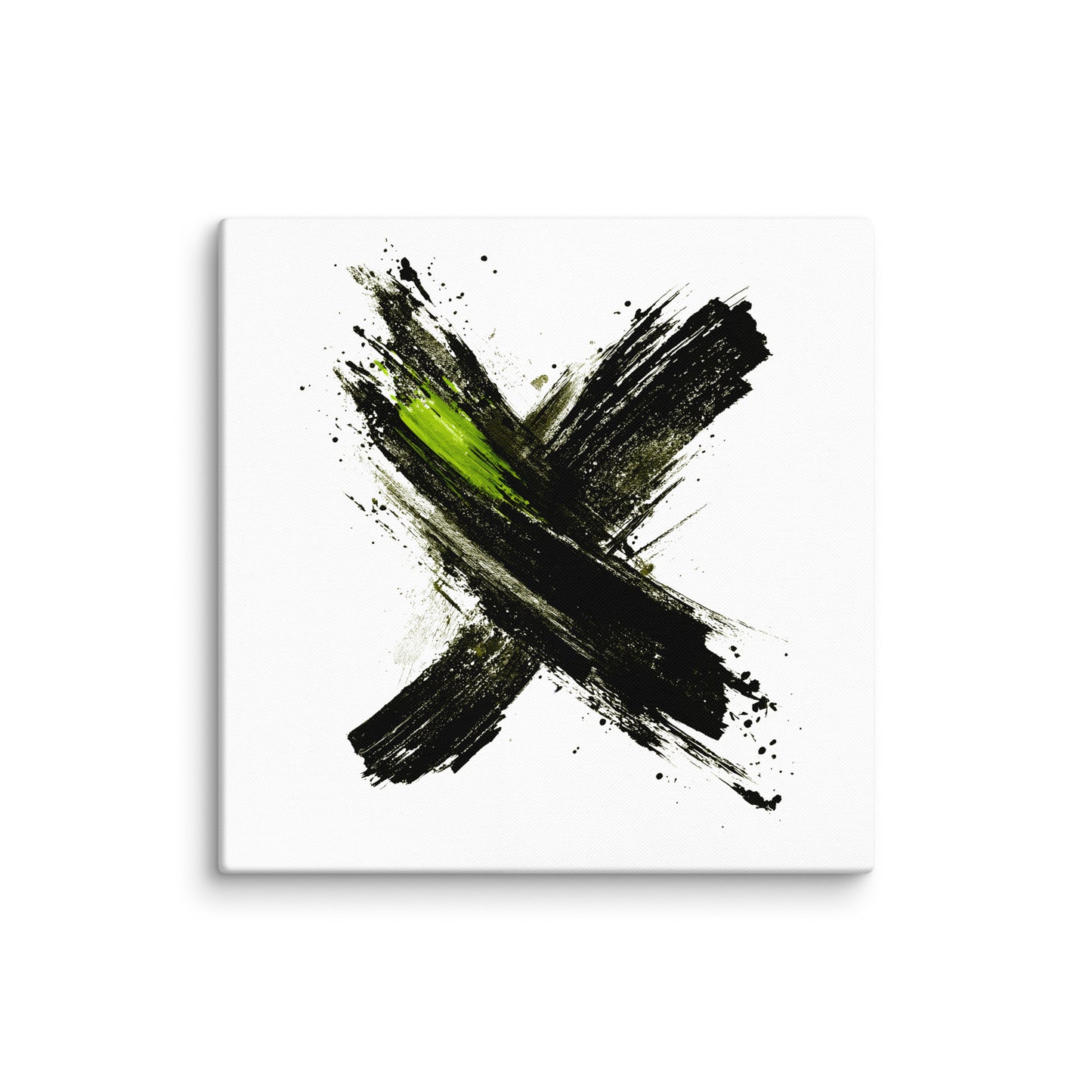 Wandbild Green Cross No. 03 aus der Kollektion Chaos & Order im Format 30x30 Zoll mit grünem Kreuz, schwarzer Pinselkomposition und abstrakter Tusche-Komposition