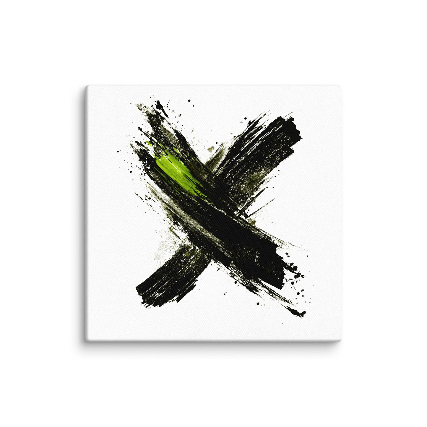 Wandbild Green Cross No. 03 aus der Kollektion Chaos & Order im Format 36x36 Zoll mit grünem Kreuz, schwarzer Pinselkomposition und abstrakter Tusche-Komposition