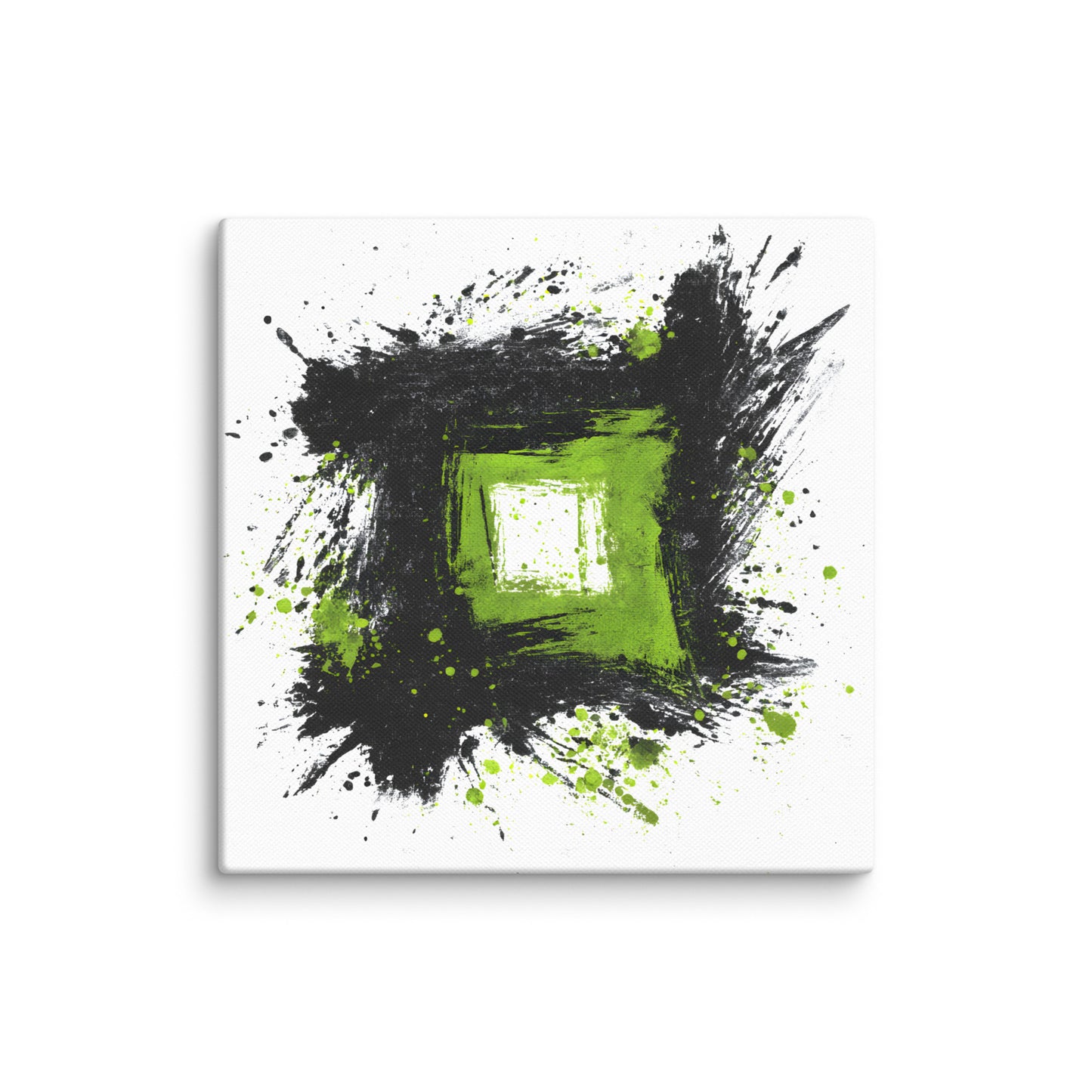 Wandbild Green Square No. 01 aus der Kollektion Chaos & Order im Format 12x12 Zoll mit grünem Quadrat, schwarzer Quadratstruktur und abstrakter Tusche-Komposition