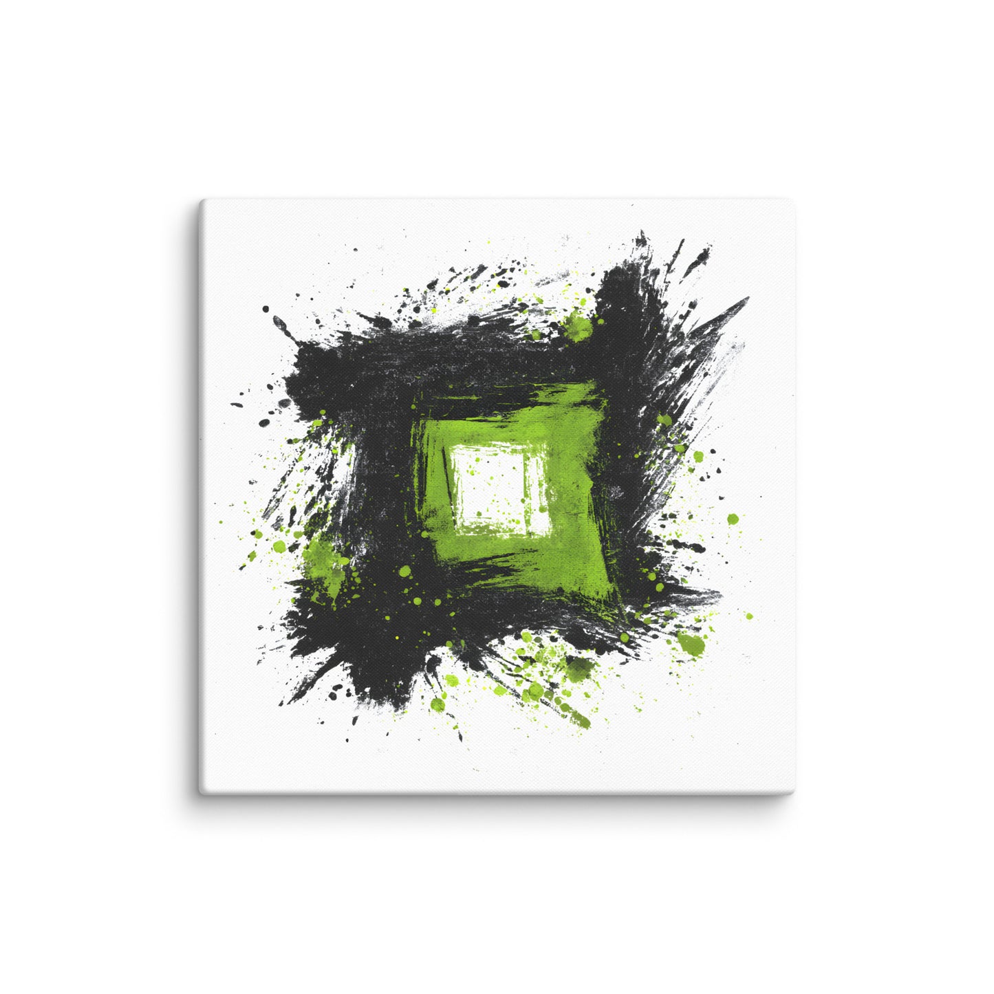 Wandbild Green Square No. 01 aus der Kollektion Chaos & Order im Format 20x20 Zoll mit grünem Quadrat, schwarzer Quadratstruktur und abstrakter Tusche-Komposition