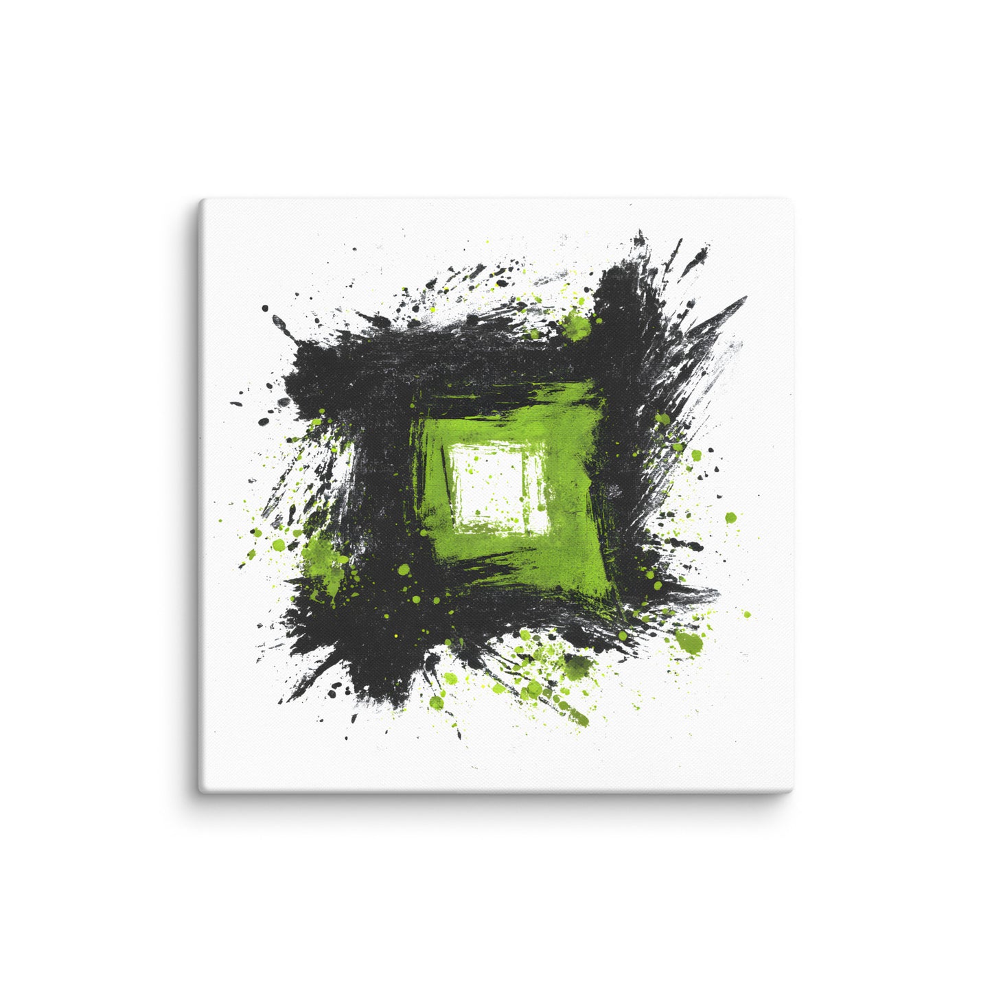 Wandbild Green Square No. 01 aus der Kollektion Chaos & Order im Format 24x24 Zoll mit grünem Quadrat, schwarzer Quadratstruktur und abstrakter Tusche-Komposition