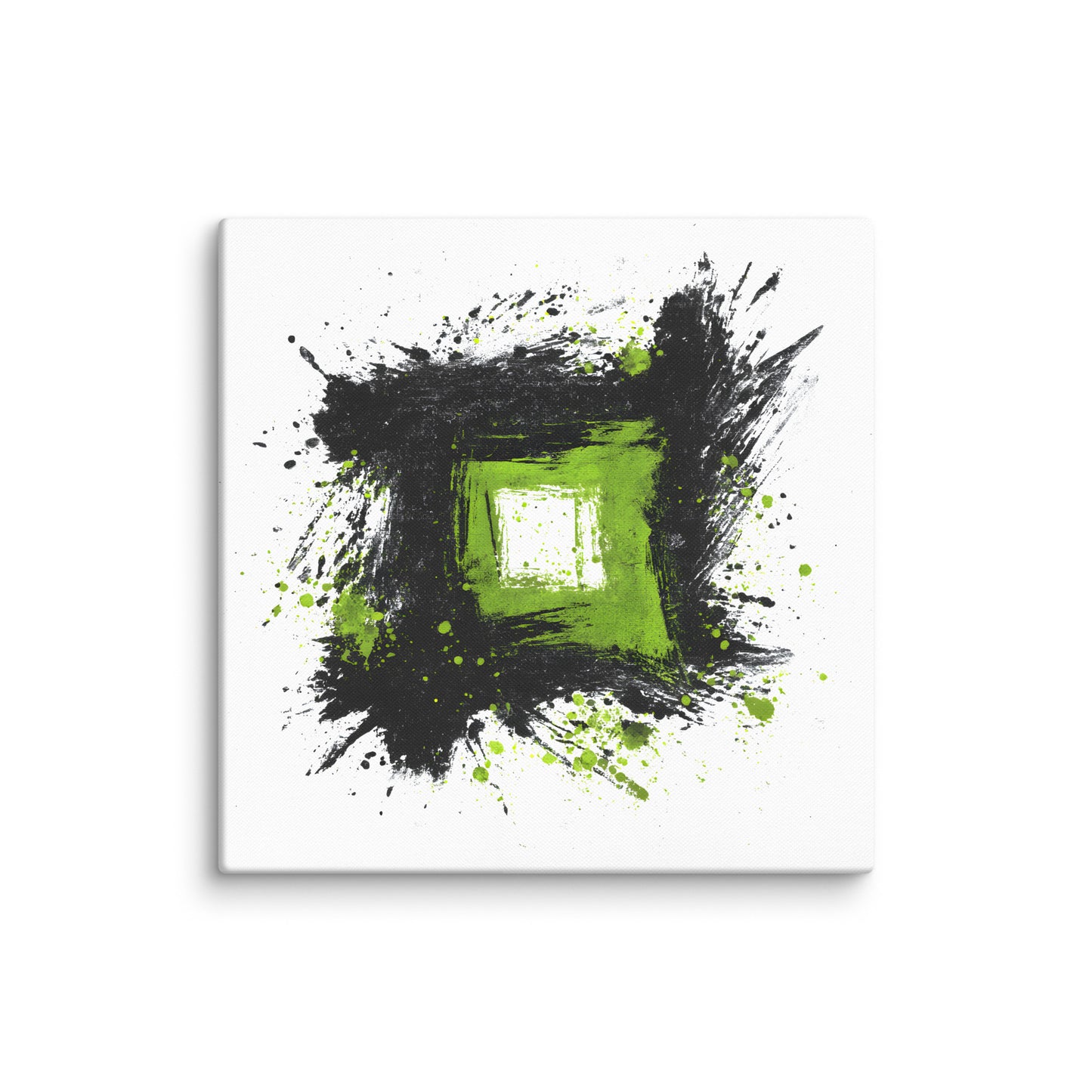 Wandbild Green Square No. 01 aus der Kollektion Chaos & Order im Format 36x36 Zoll mit grünem Quadrat, schwarzer Quadratstruktur und abstrakter Tusche-Komposition