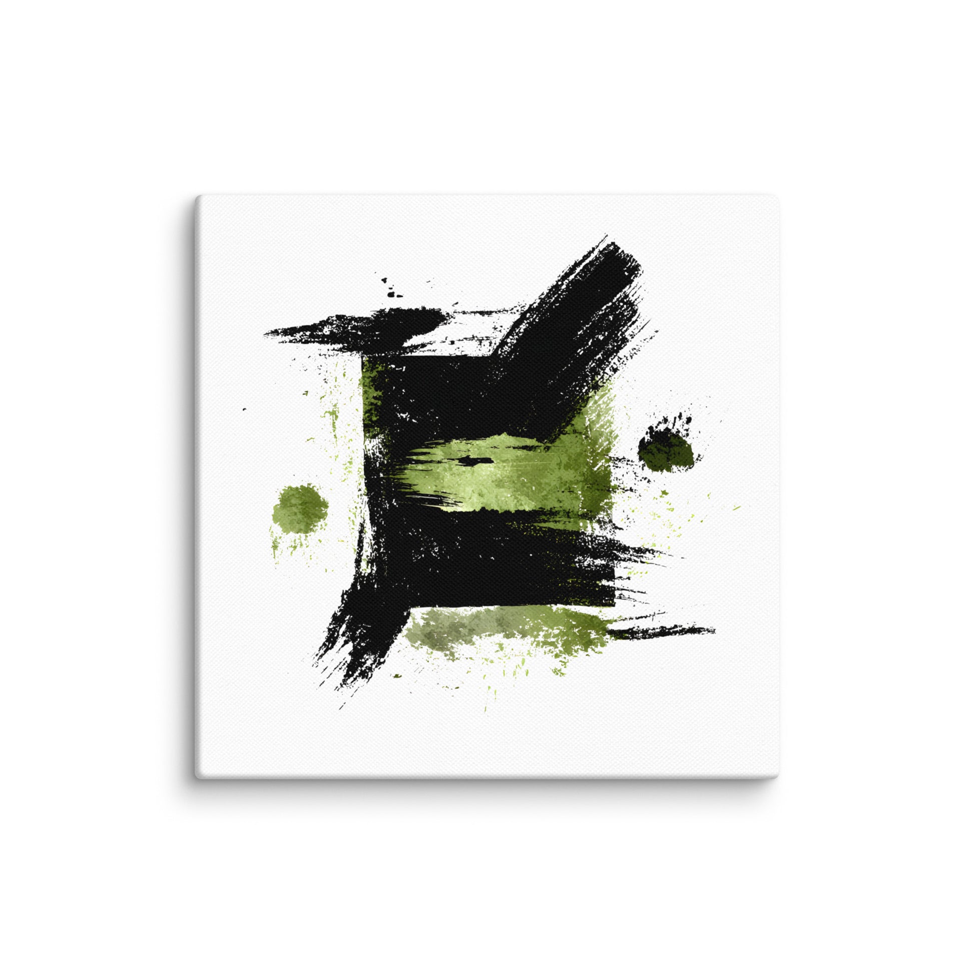 Wandbild Green Square No. 02 aus der Kollektion Chaos & Order im Format 12x12 Zoll mit grünem Quadrat, schwarzer Quadratstruktur und abstrakter Tusche-Komposition