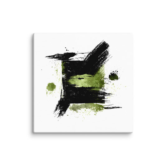 Wandbild Green Square No. 02 aus der Kollektion Chaos & Order im Format 12x12 Zoll mit grünem Quadrat, schwarzer Quadratstruktur und abstrakter Tusche-Komposition