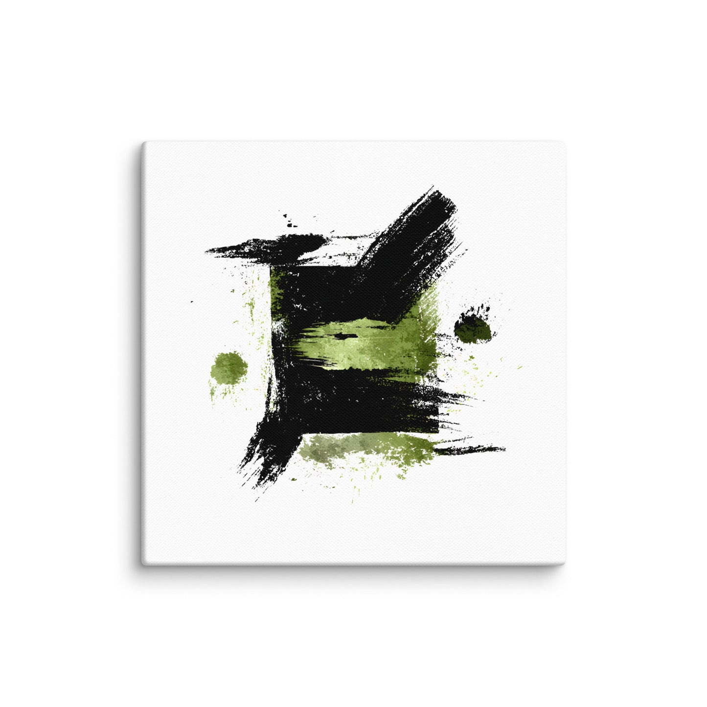 Wandbild Green Square No. 02 aus der Kollektion Chaos & Order im Format 16x16 Zoll mit grünem Quadrat, schwarzer Quadratstruktur und abstrakter Tusche-Komposition