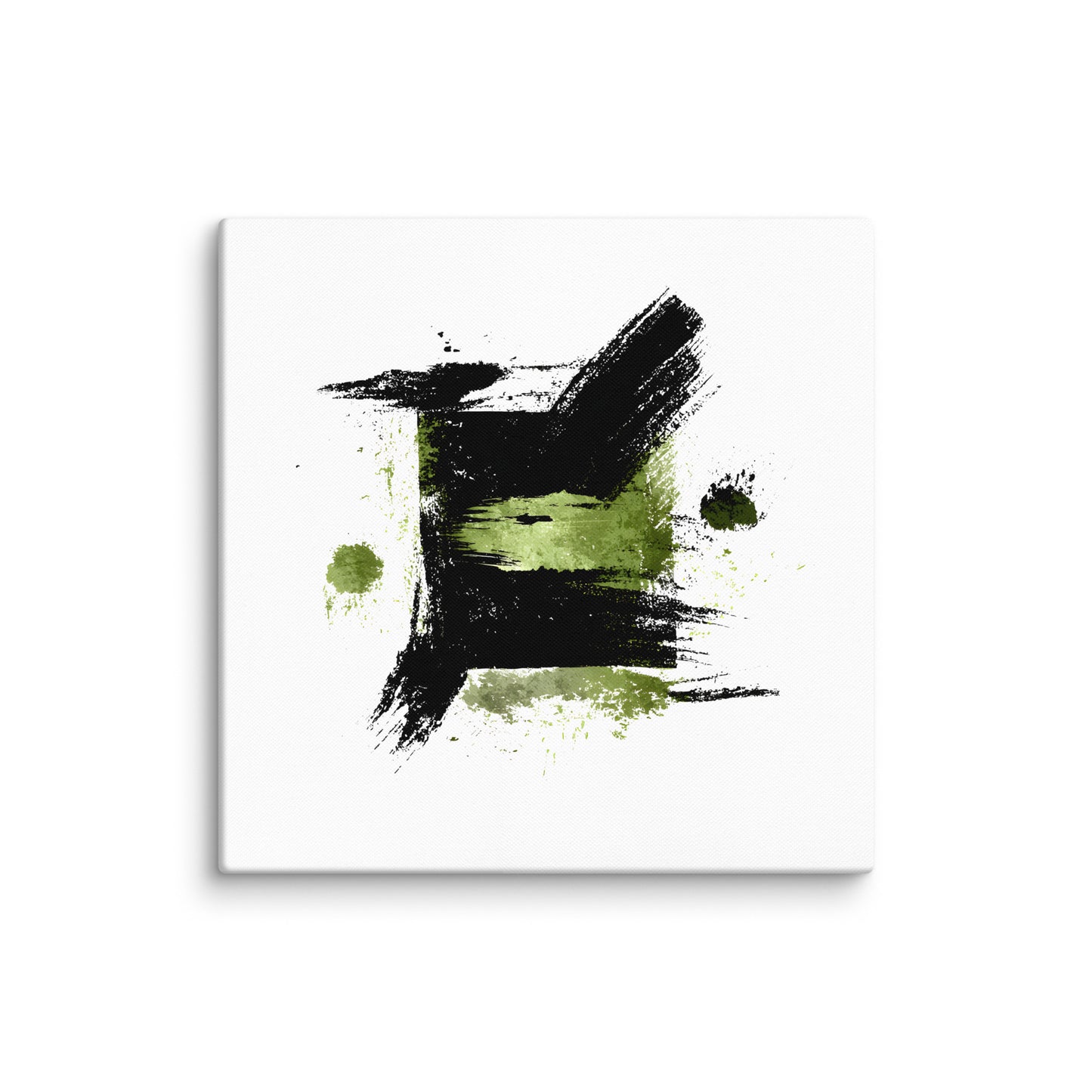 Wandbild Green Square No. 02 aus der Kollektion Chaos & Order im Format 24x24 Zoll mit grünem Quadrat, schwarzer Quadratstruktur und abstrakter Tusche-Komposition