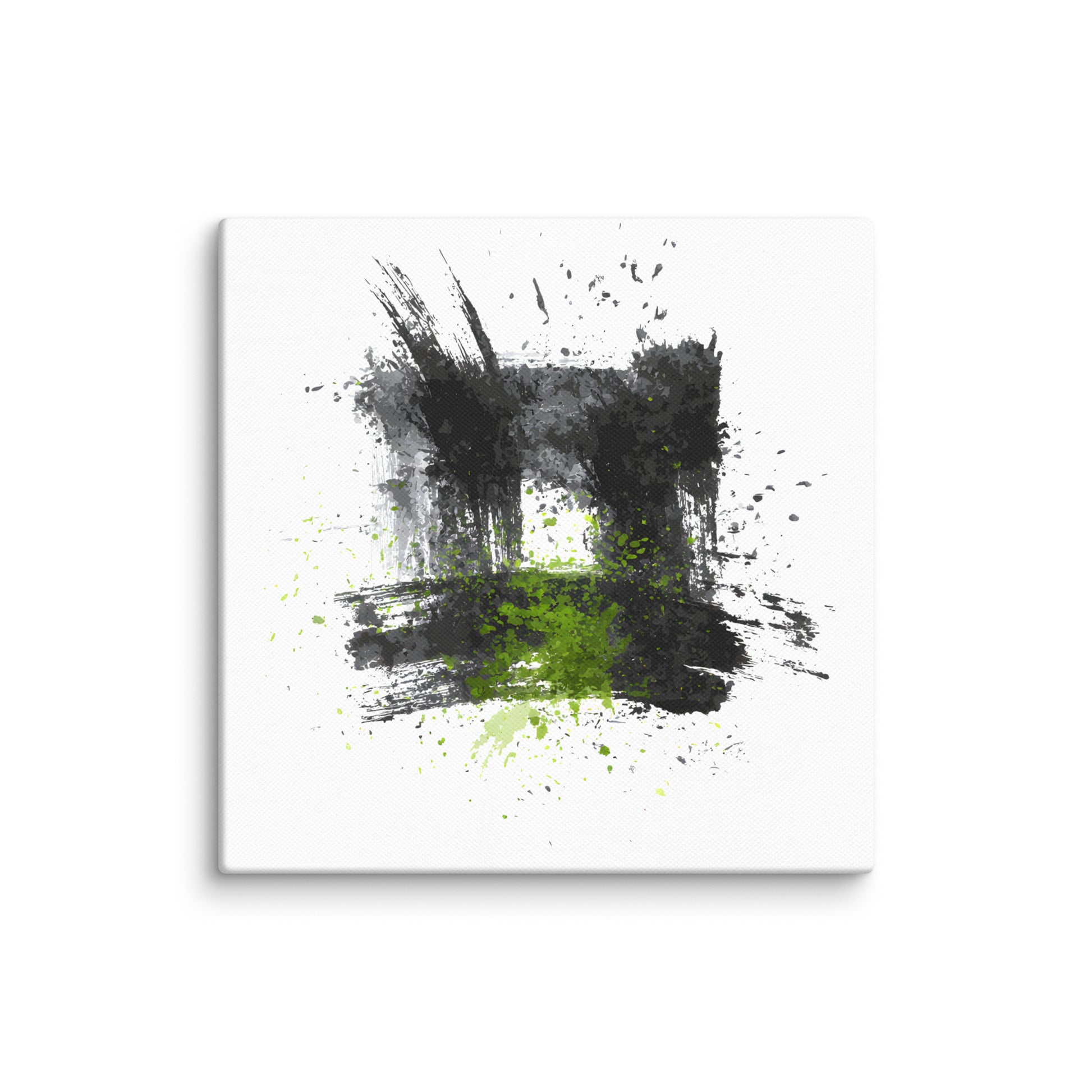 Wandbild Green Square No. 03 aus der Kollektion Chaos & Order im Format 12x12 Zoll mit grünem Quadrat, schwarzer Quadratstruktur und abstrakter Tusche-Komposition